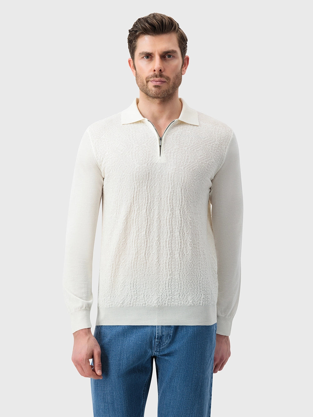 Wool-Silk Polo Half-Zip Pebbled Knit – Blond Fawn