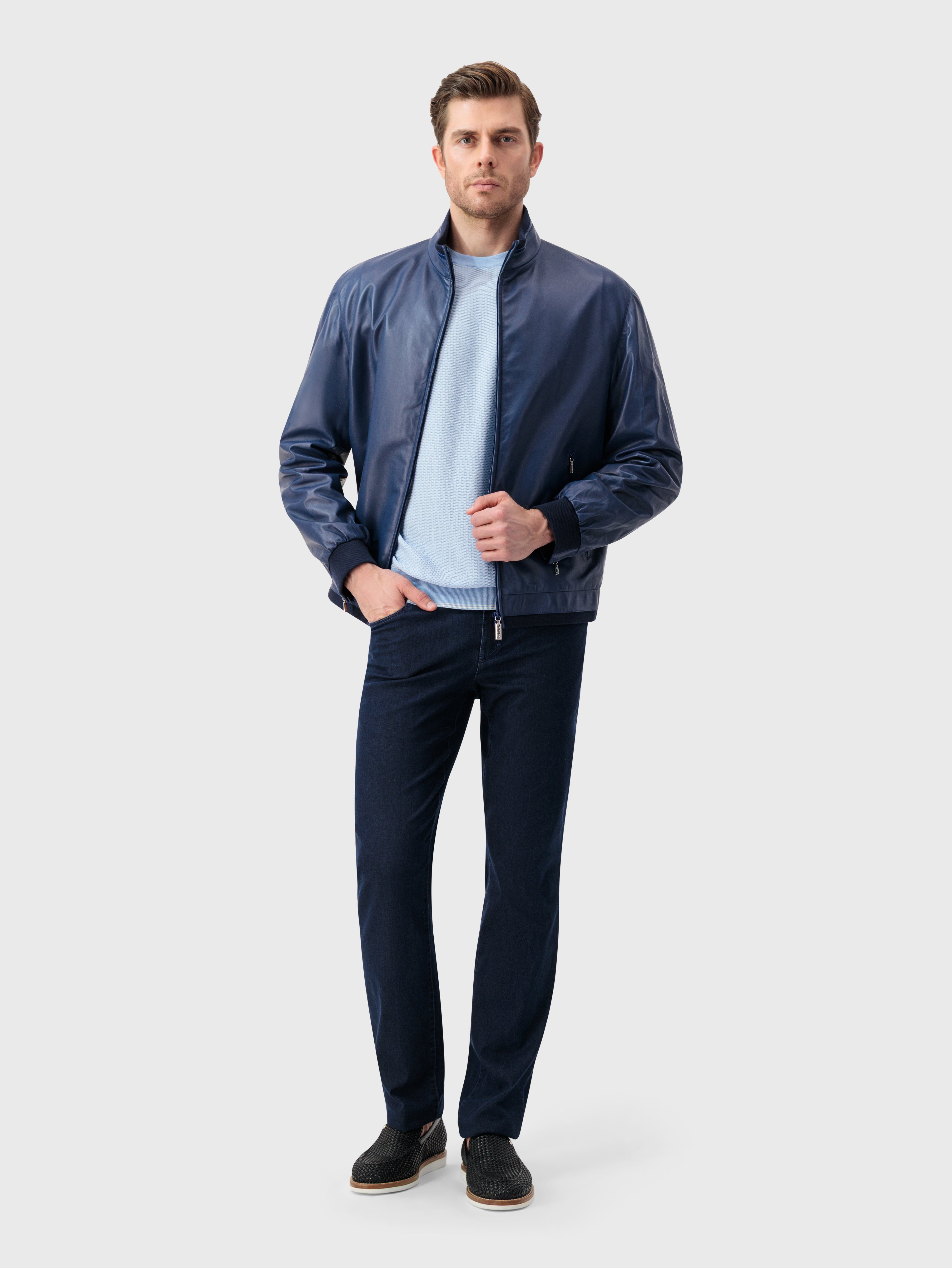 Crocodile-Detailed Leather Jacket - Blue Octane