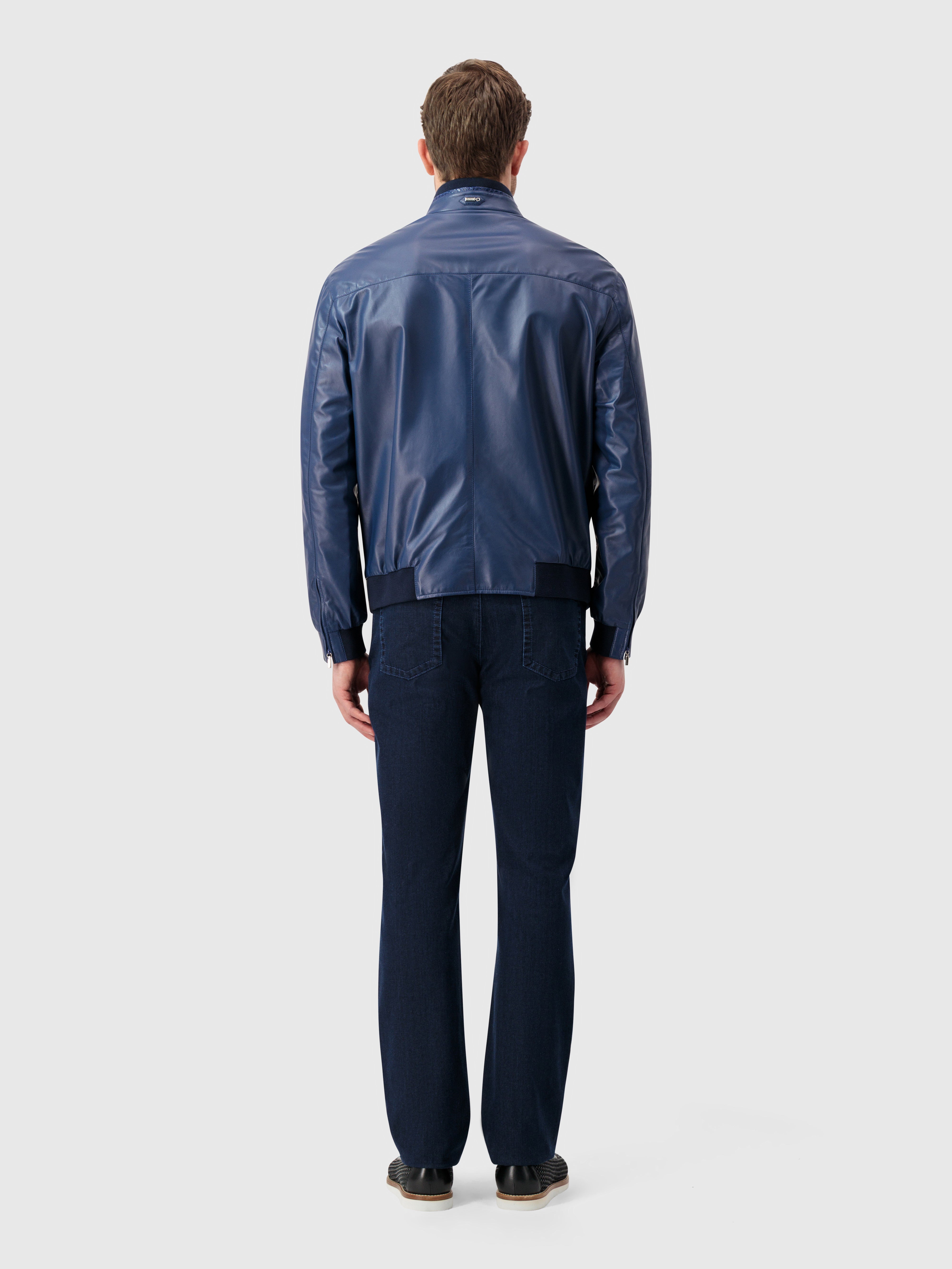 Crocodile-Detailed Leather Jacket - Blue Octane