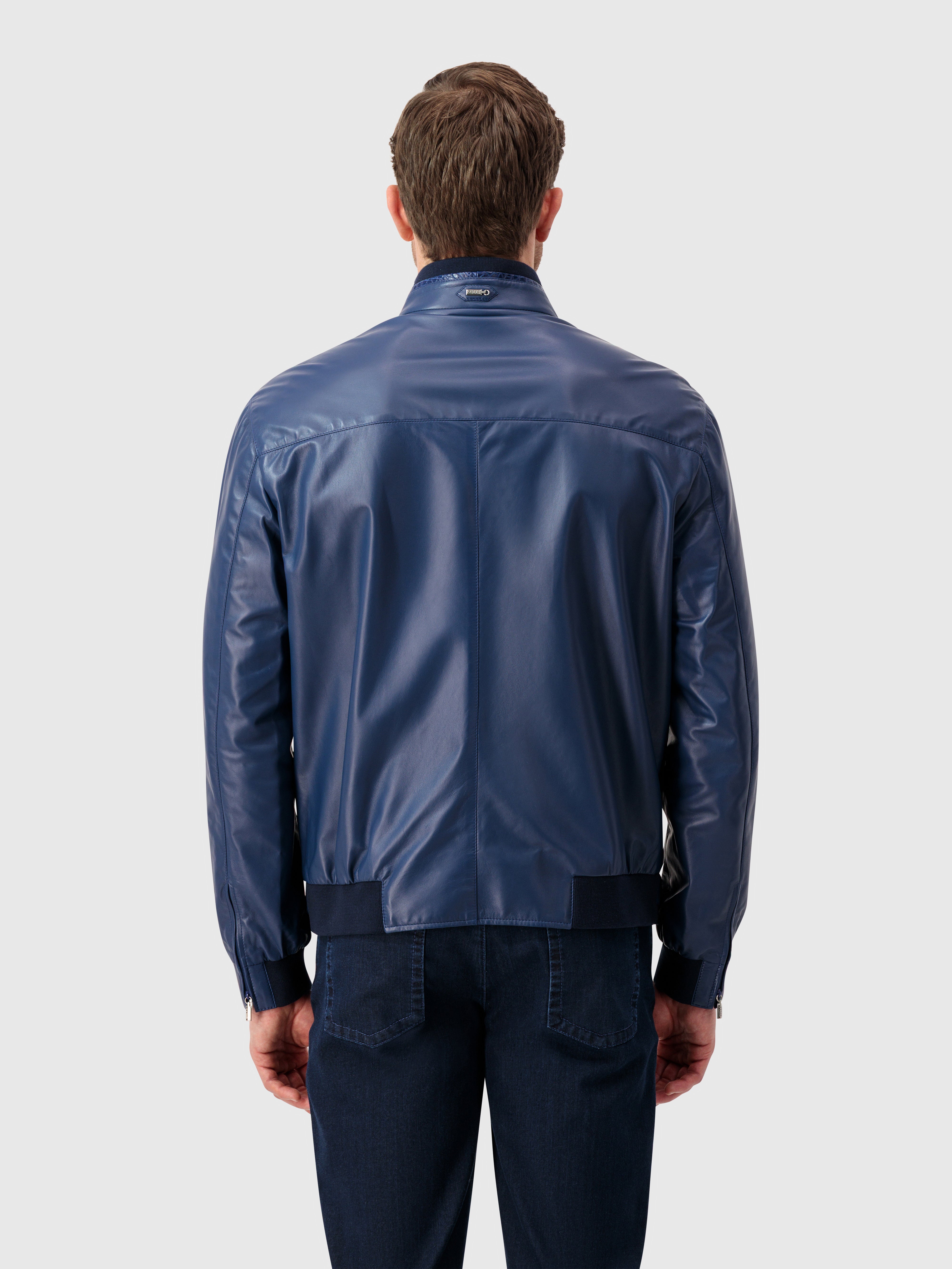 Crocodile-Detailed Leather Jacket - Blue Octane