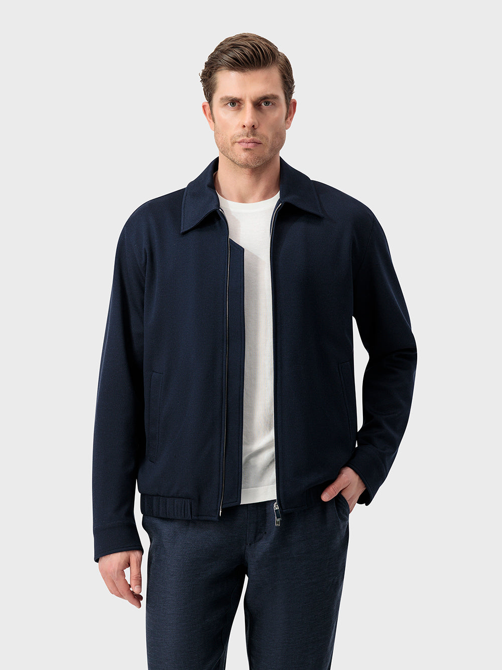 Single-Stitched Collar Silk and Cotton Bomber Jacket - Blue Navy