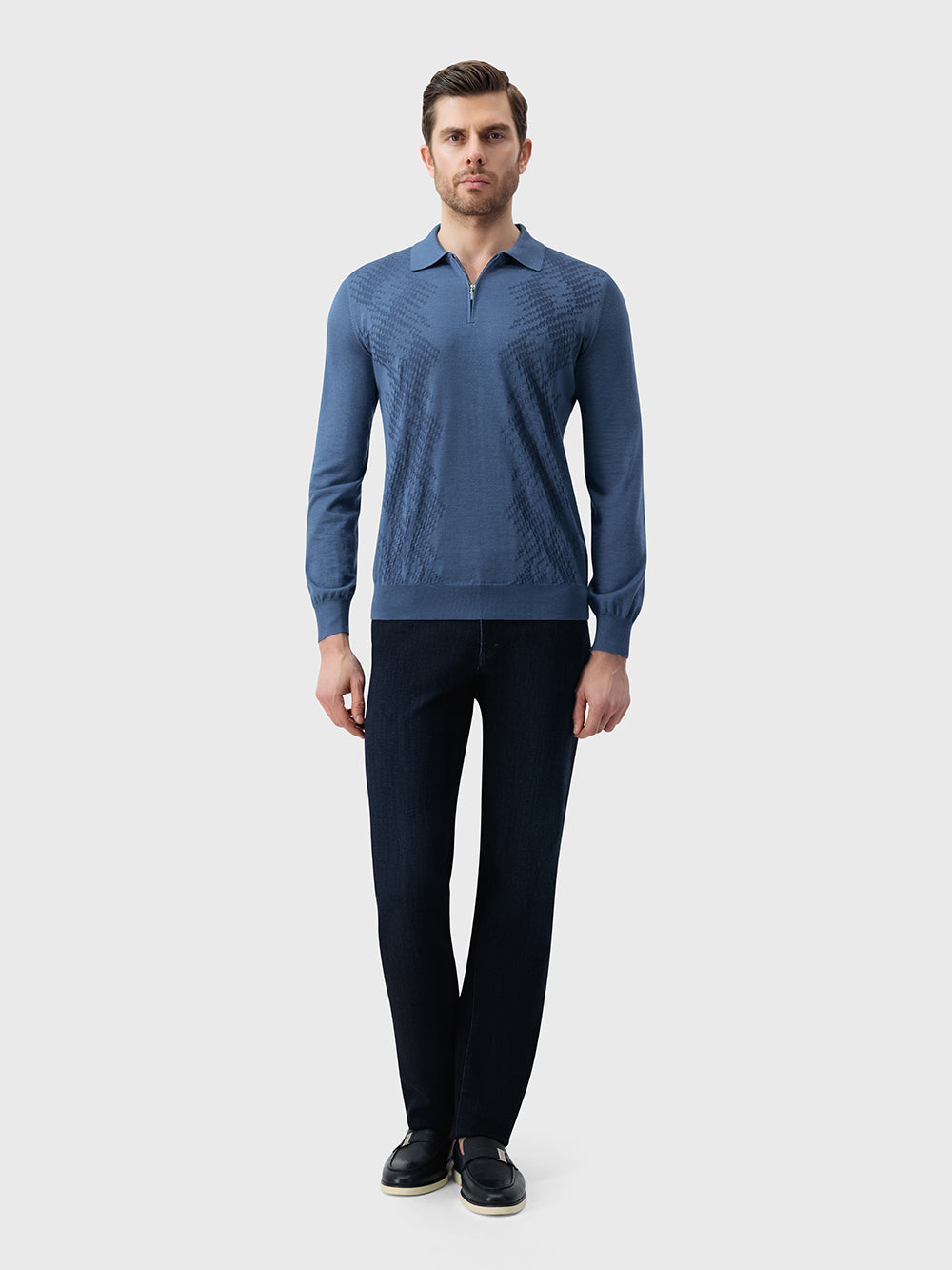 60% Wool 40% Silk Zip Polo - Oxford Blue