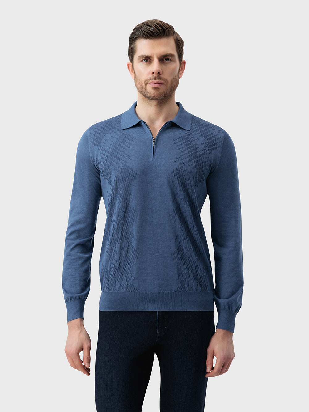 60% Wool 40% Silk Zip Polo - Oxford Blue