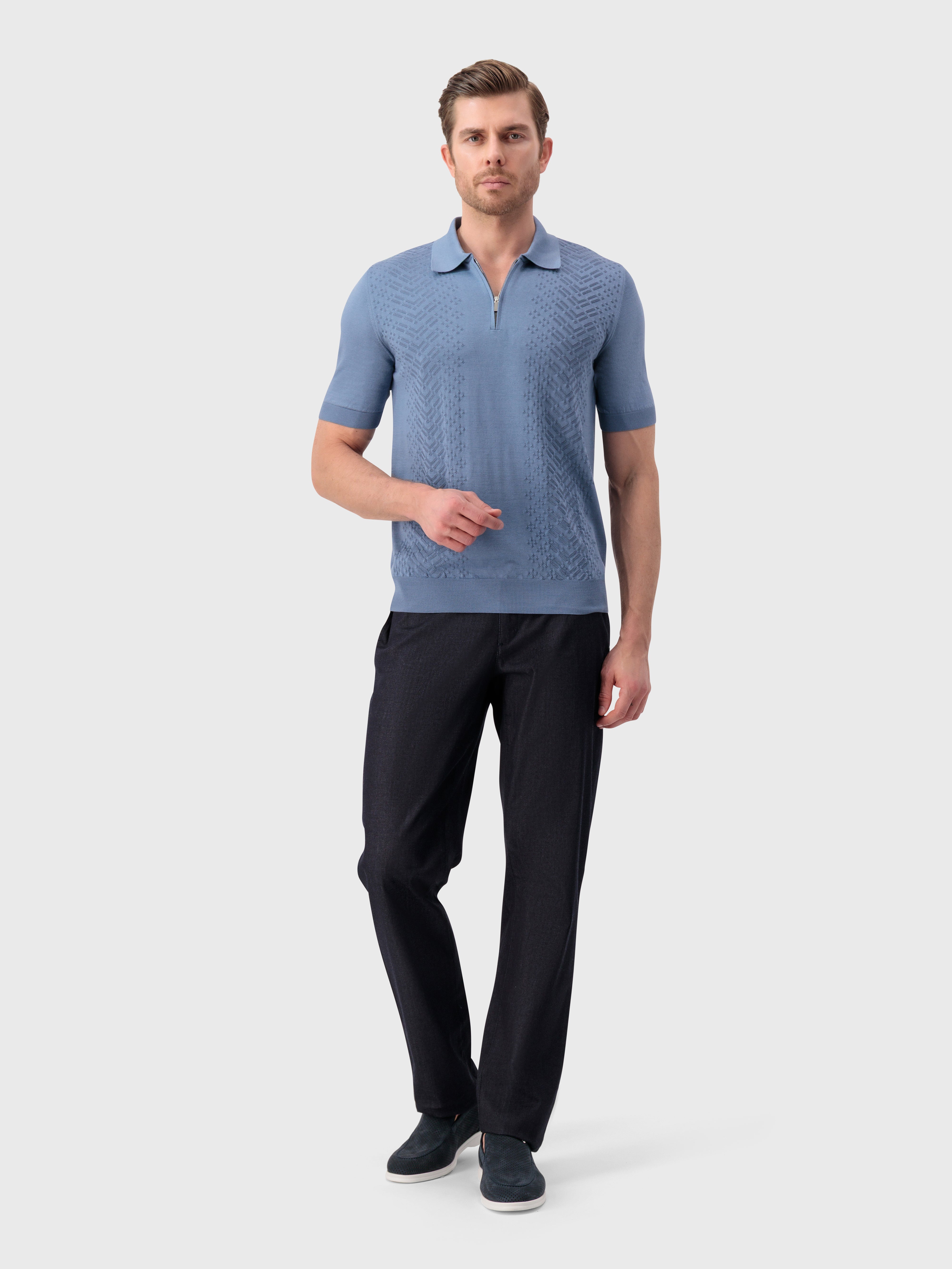 "Micro Lozenges" Silk and Cotton Knit Polo - Pale Blue Onyx
