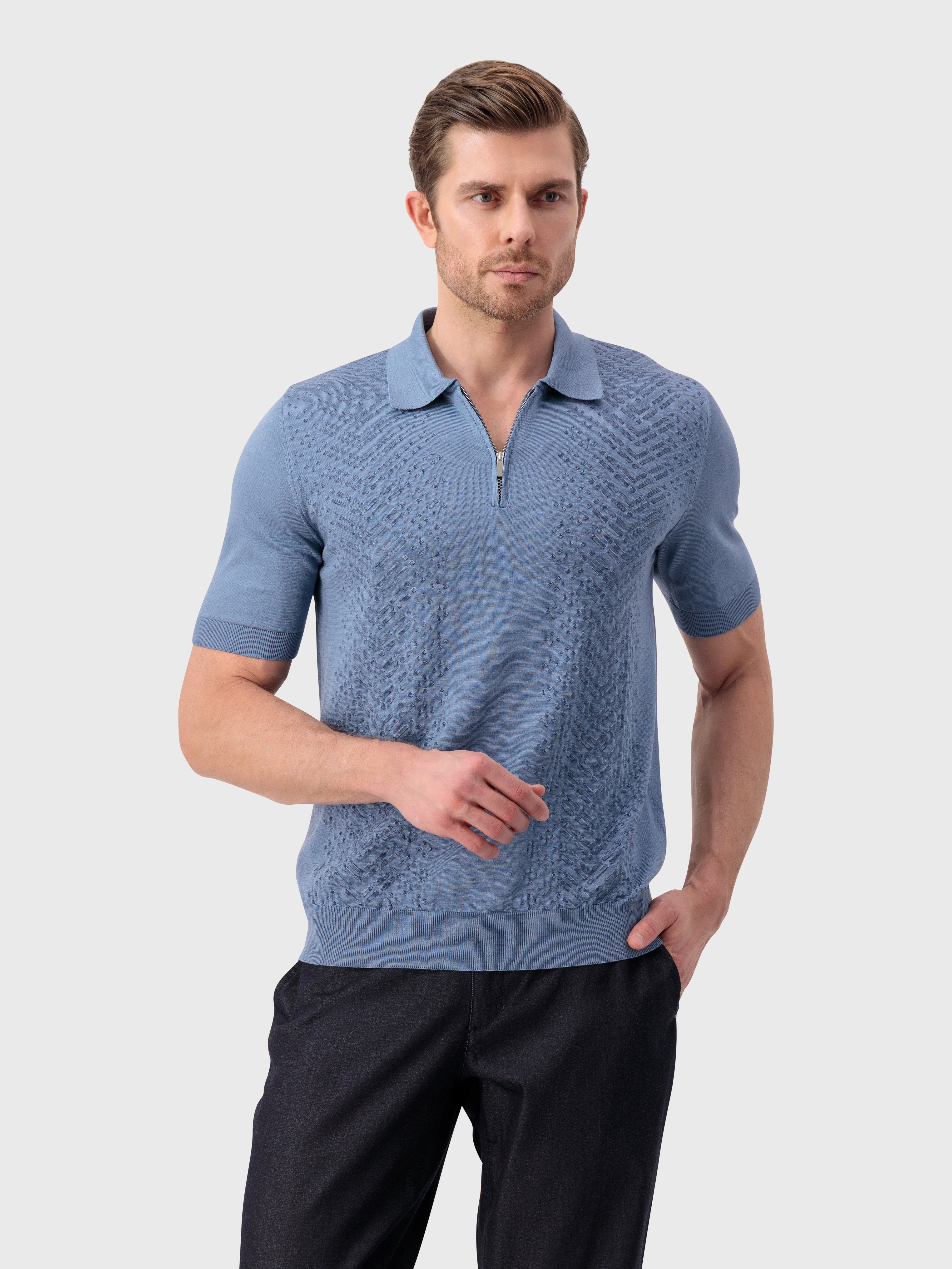 "Micro Lozenges" Silk and Cotton Knit Polo - Pale Blue Onyx
