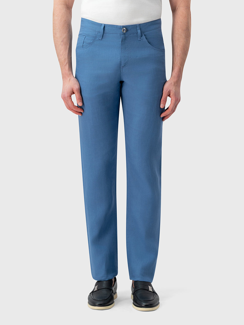 Узкие льняные брюки — цвет «Smoke Avio»