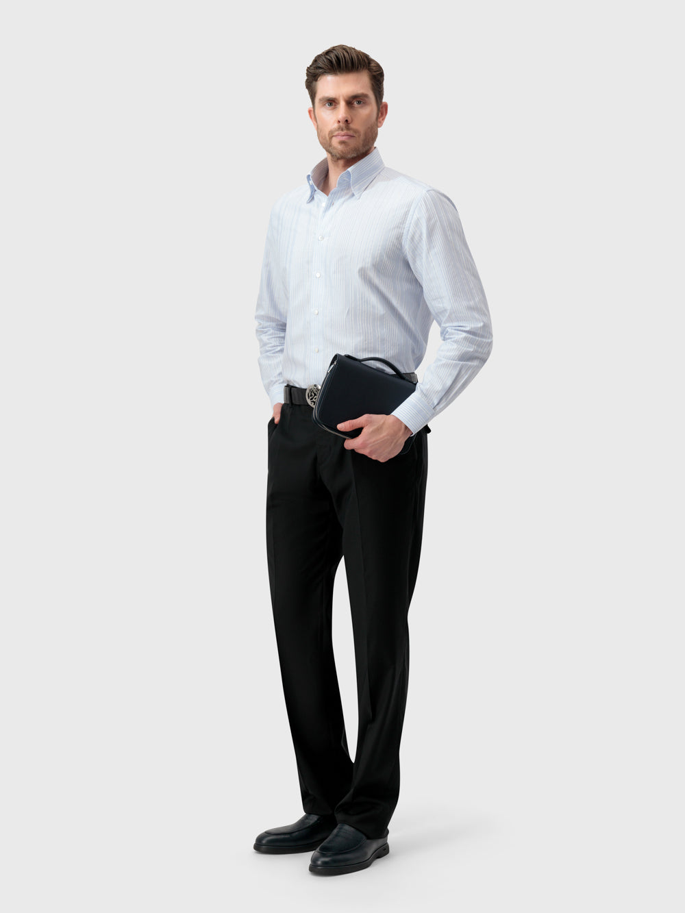 Полосатая формальная рубашка со скрытым воротником на пуговицах - Оксфордский синий