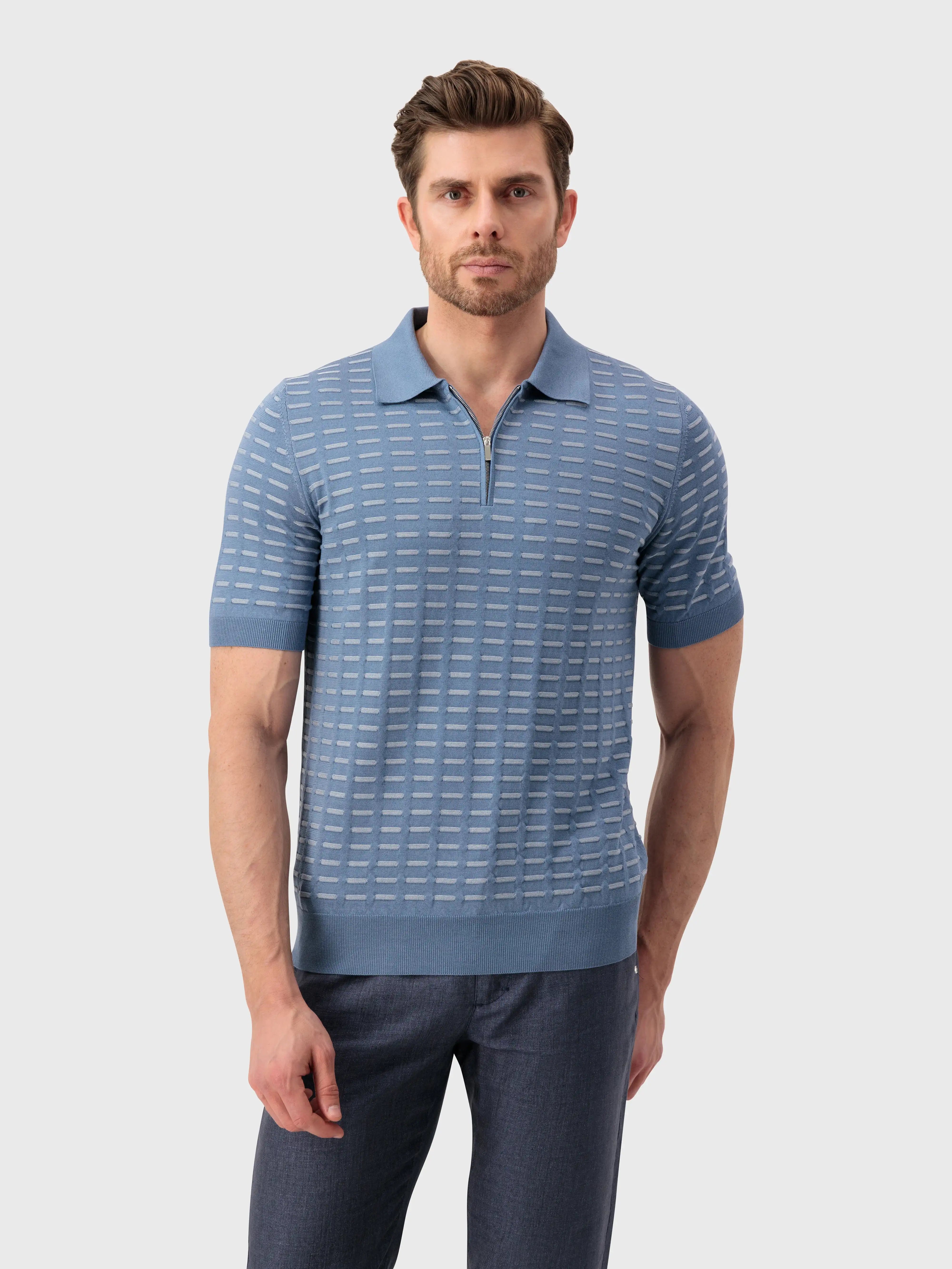 Рубашка-поло из шелкового трикотажа с геометрическим узором - Бледно-голубой оникс