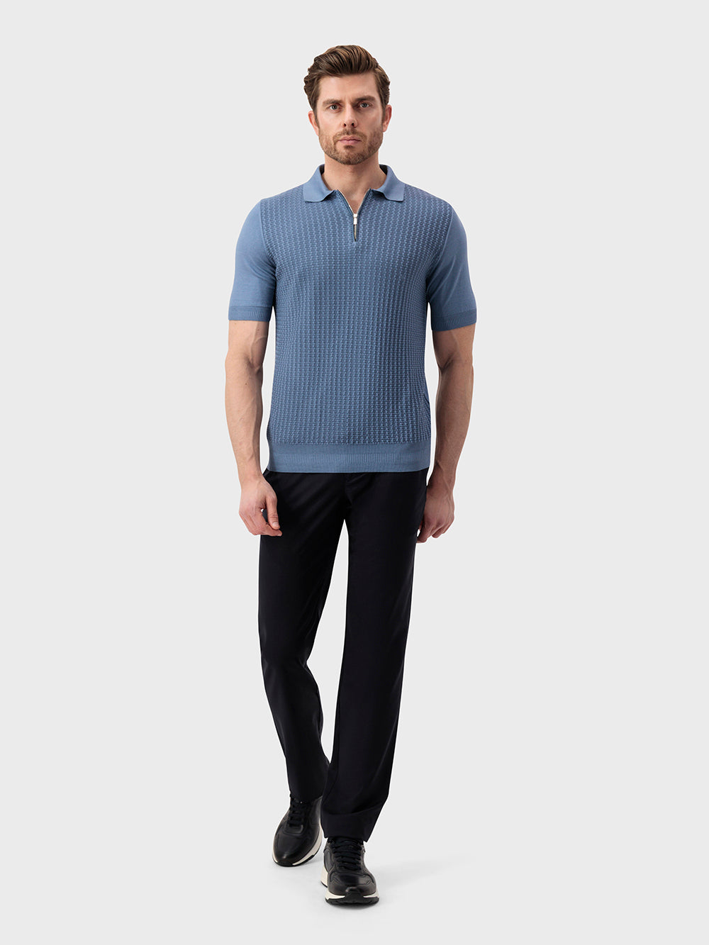 "Прямоугольное поло из шелка и хлопкового трикотажа с отделкой под крокодила - бледно-голубой оникс