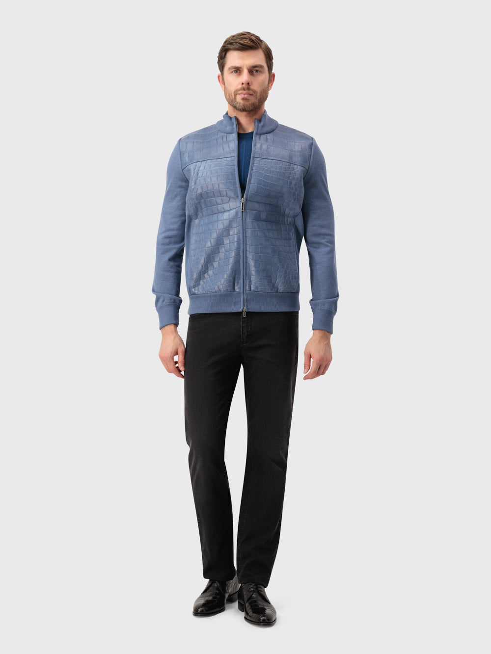 Кожаная вязаная куртка-бомбер - Бледно-голубой оникс