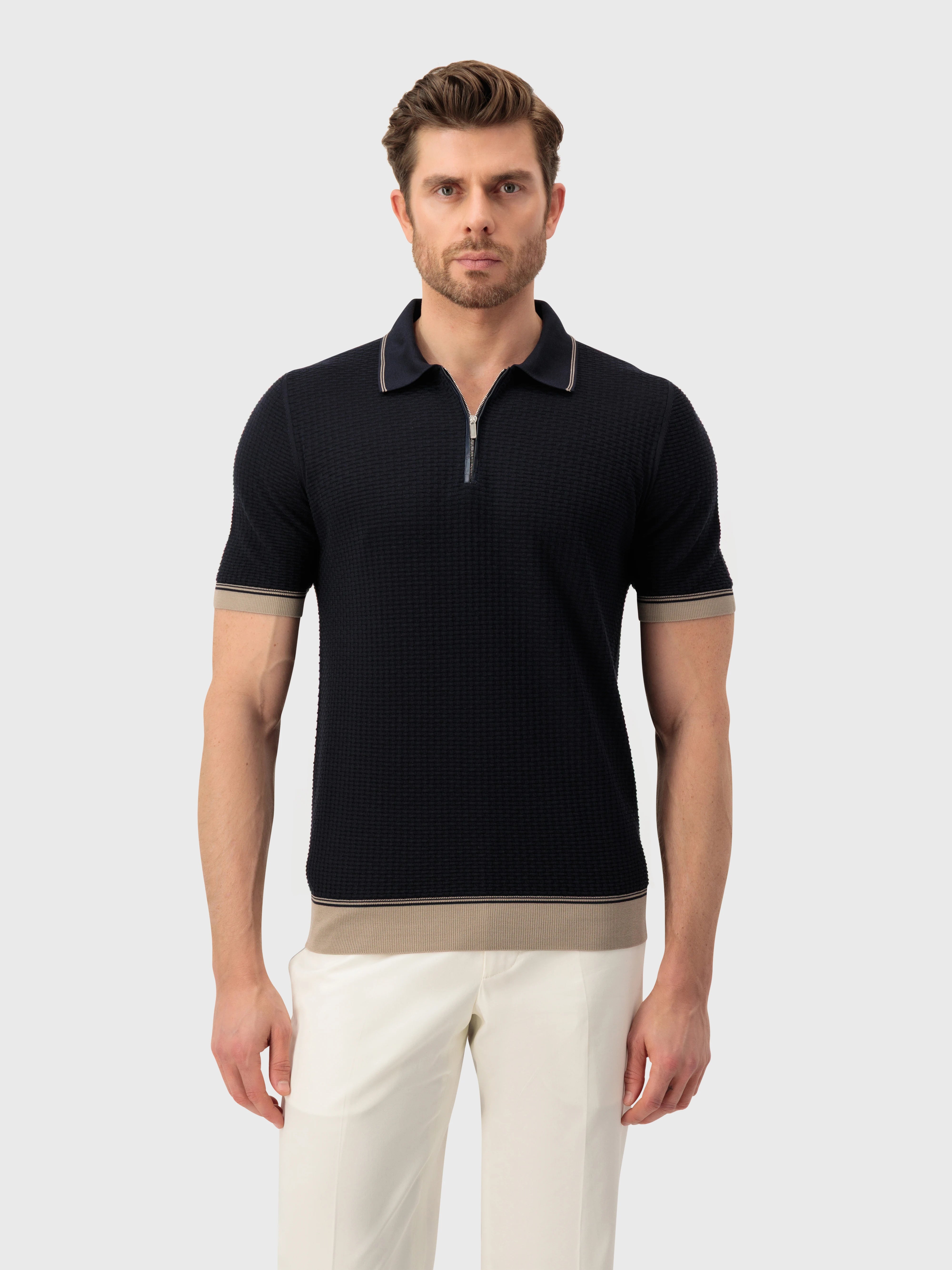 Рубашка-поло из шелкового трикотажа с геометрическим узором - Синий морской