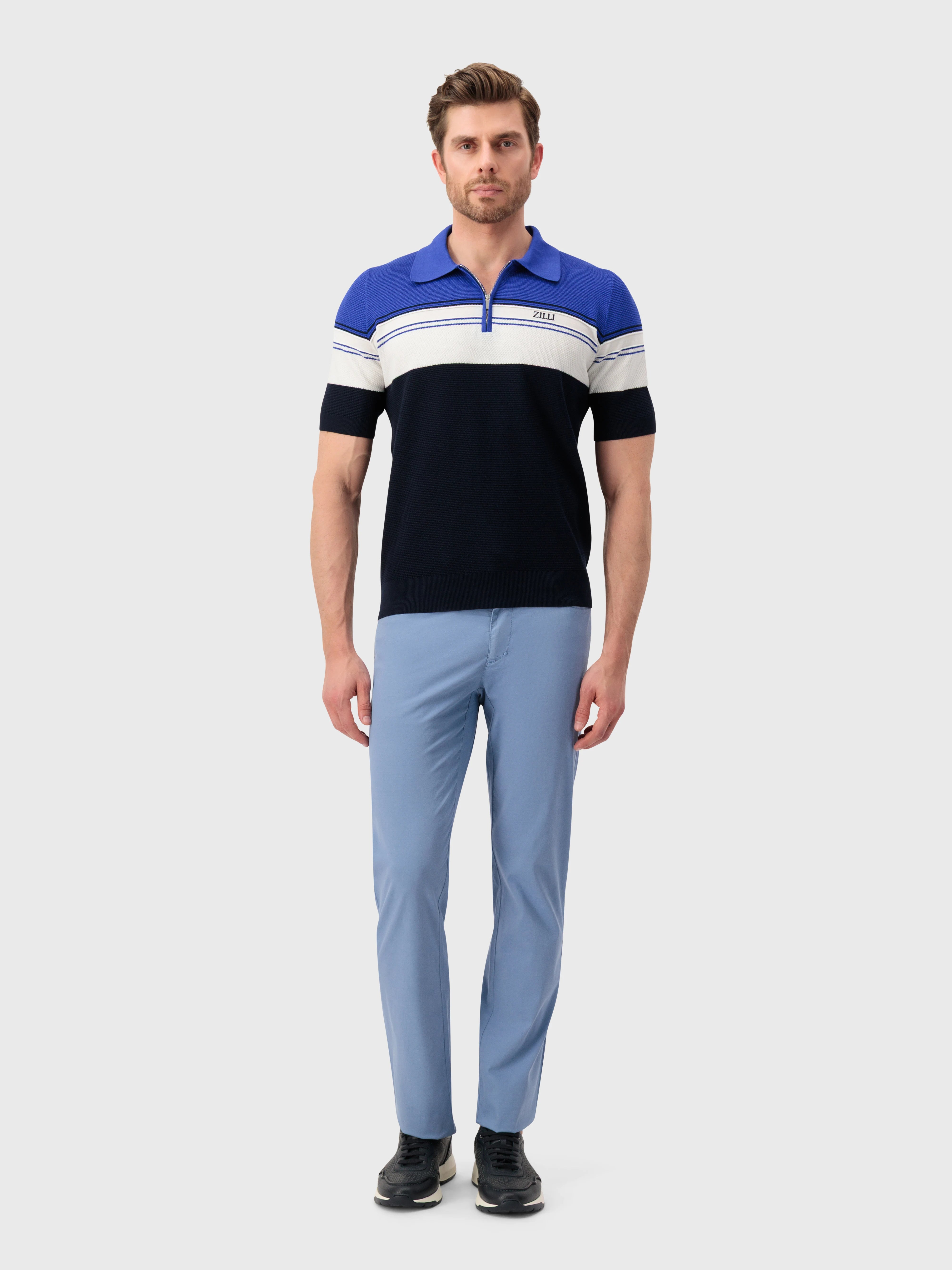 Рубашка-поло в полоску - синий морской, натуральный белый и синий электрический