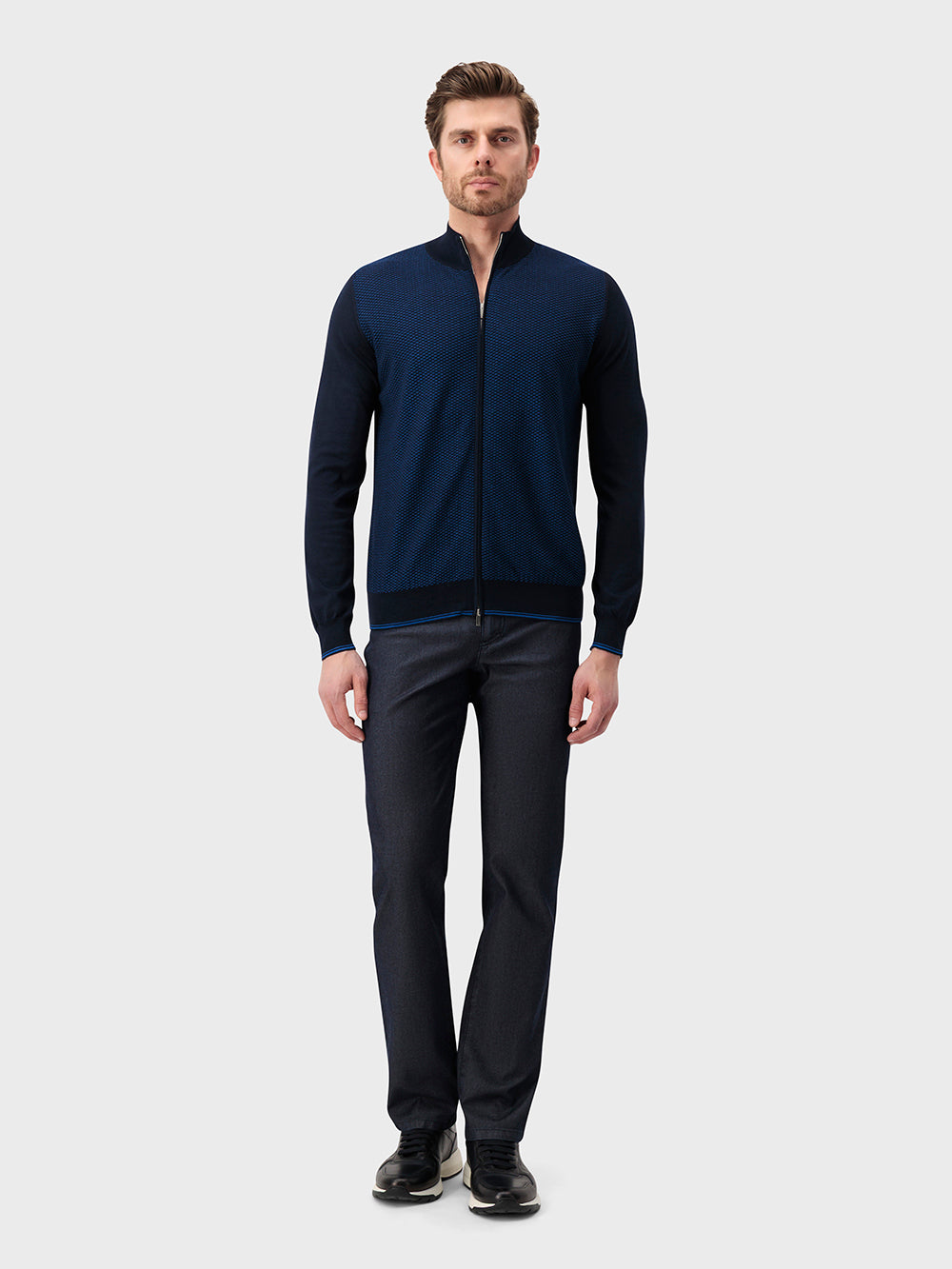 Трикотажное поло на молнии из шелка и хлопка "Basket" - Сине-морской