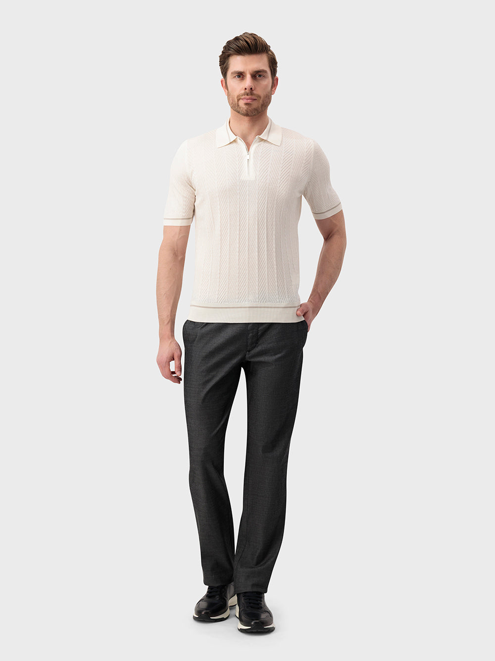 Шелковая трикотажная рубашка с геометрическим узором - Натуральный белый