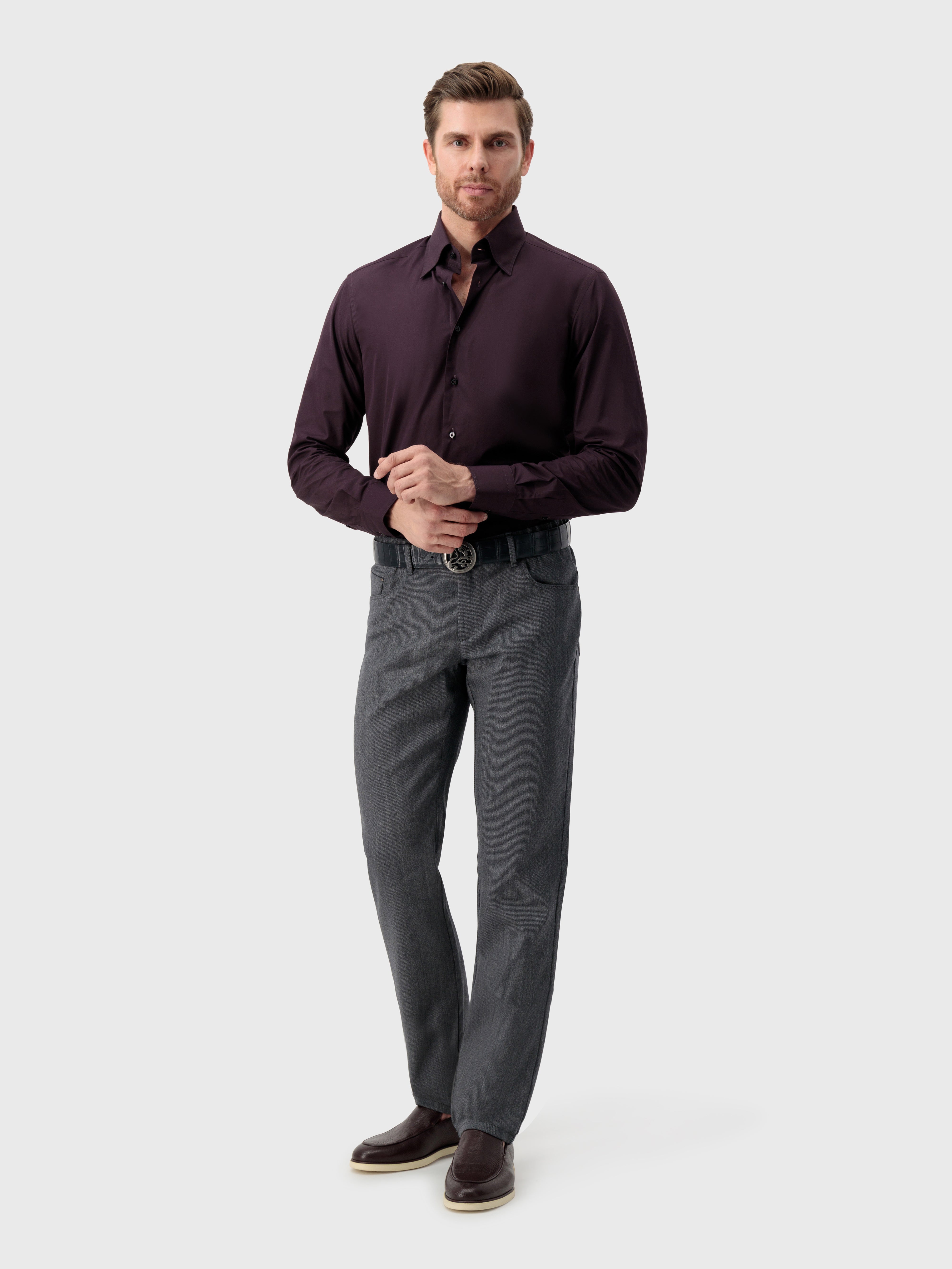 Хлопковая рубашка с тройной строчкой баклажанового цвета