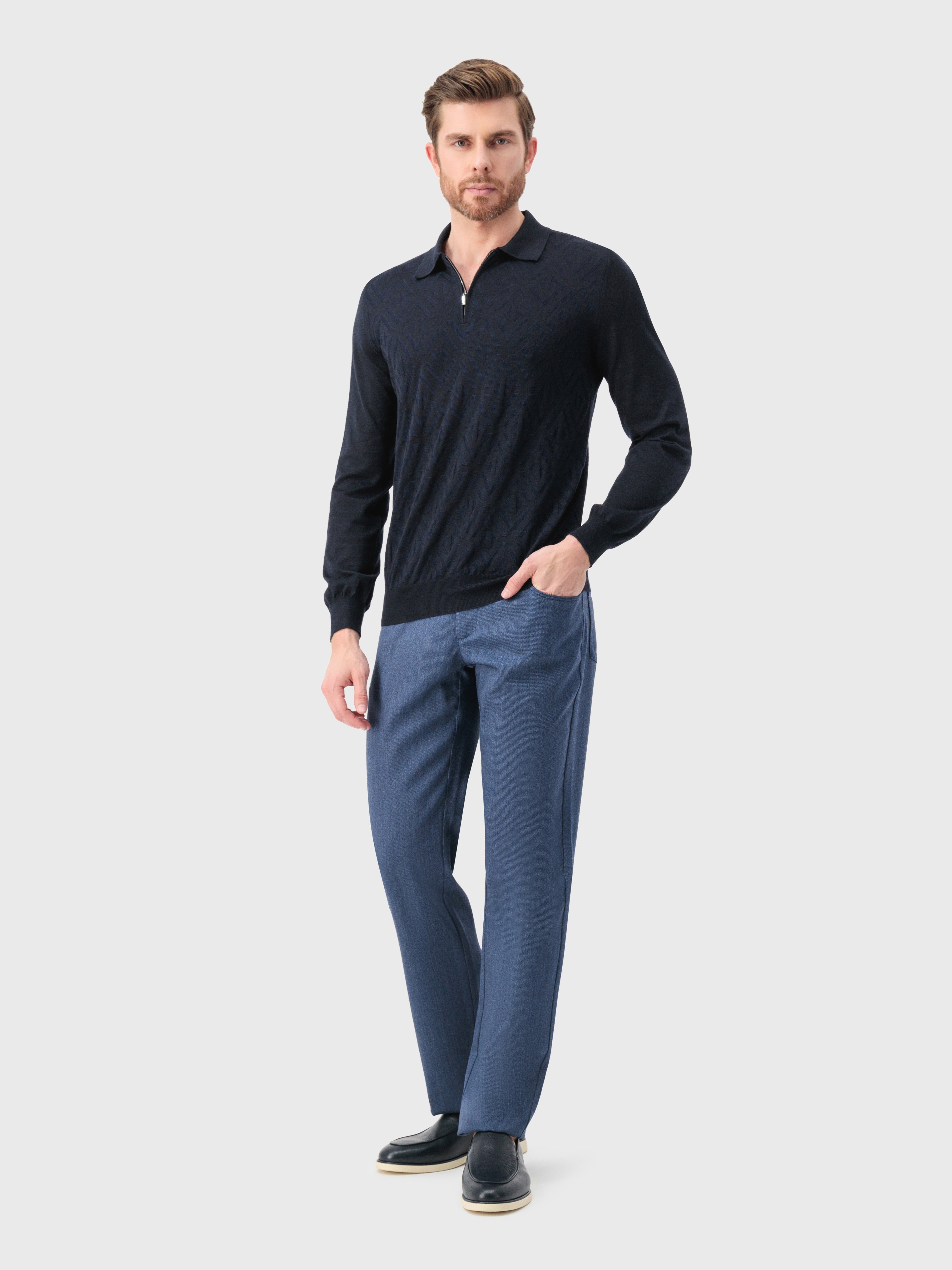 Поло на молнии с ромбовидным жаккардовым переплетением темно-темноморского цвета