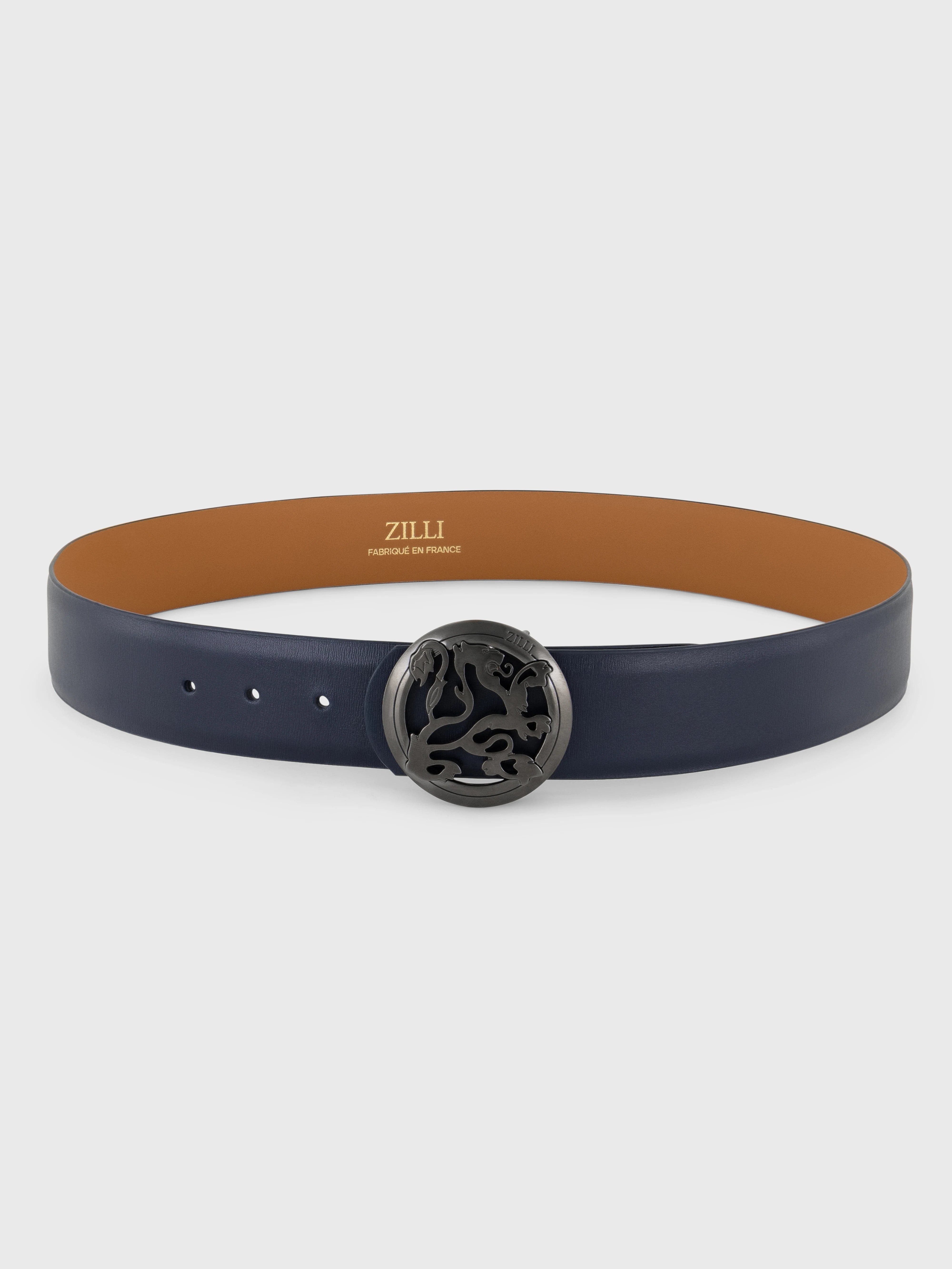 Ремень из телячьей кожи с рутениевой отделкой львиной пряжки - темно-темноморский