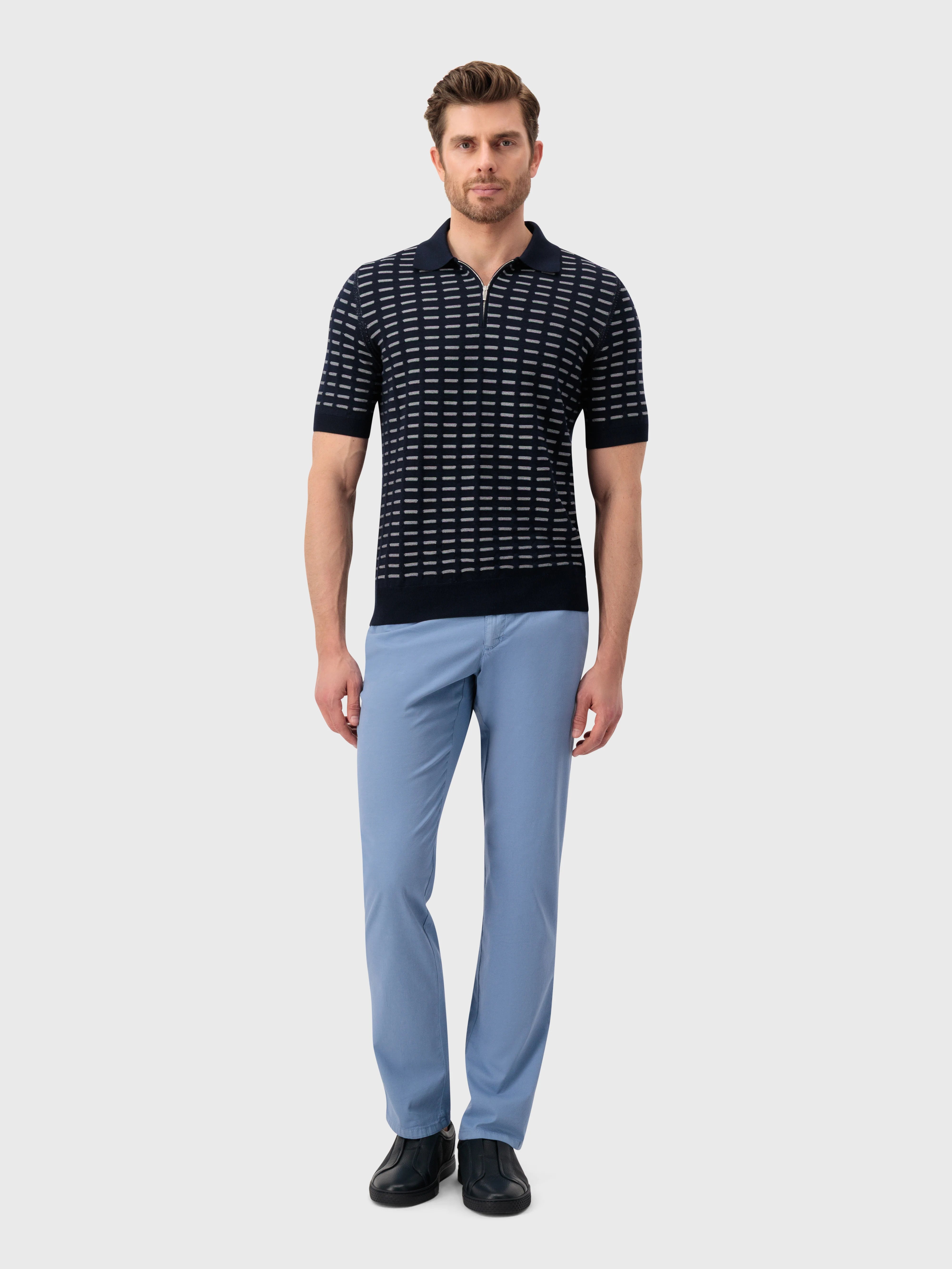 Рубашка-поло из шелкового трикотажа с геометрическим узором - Синий морской