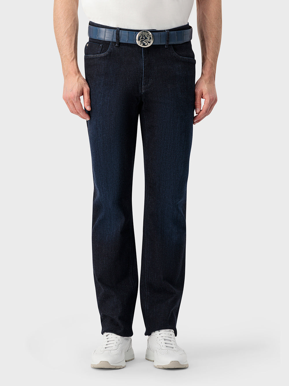 Ремень из крокодила с львиной пряжкой с палладиевой отделкой - Синие джинсы