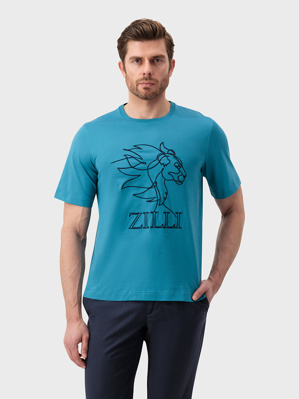 Хлопковая рубашка с вышивкой ZILLI "Большой лев" - павлин