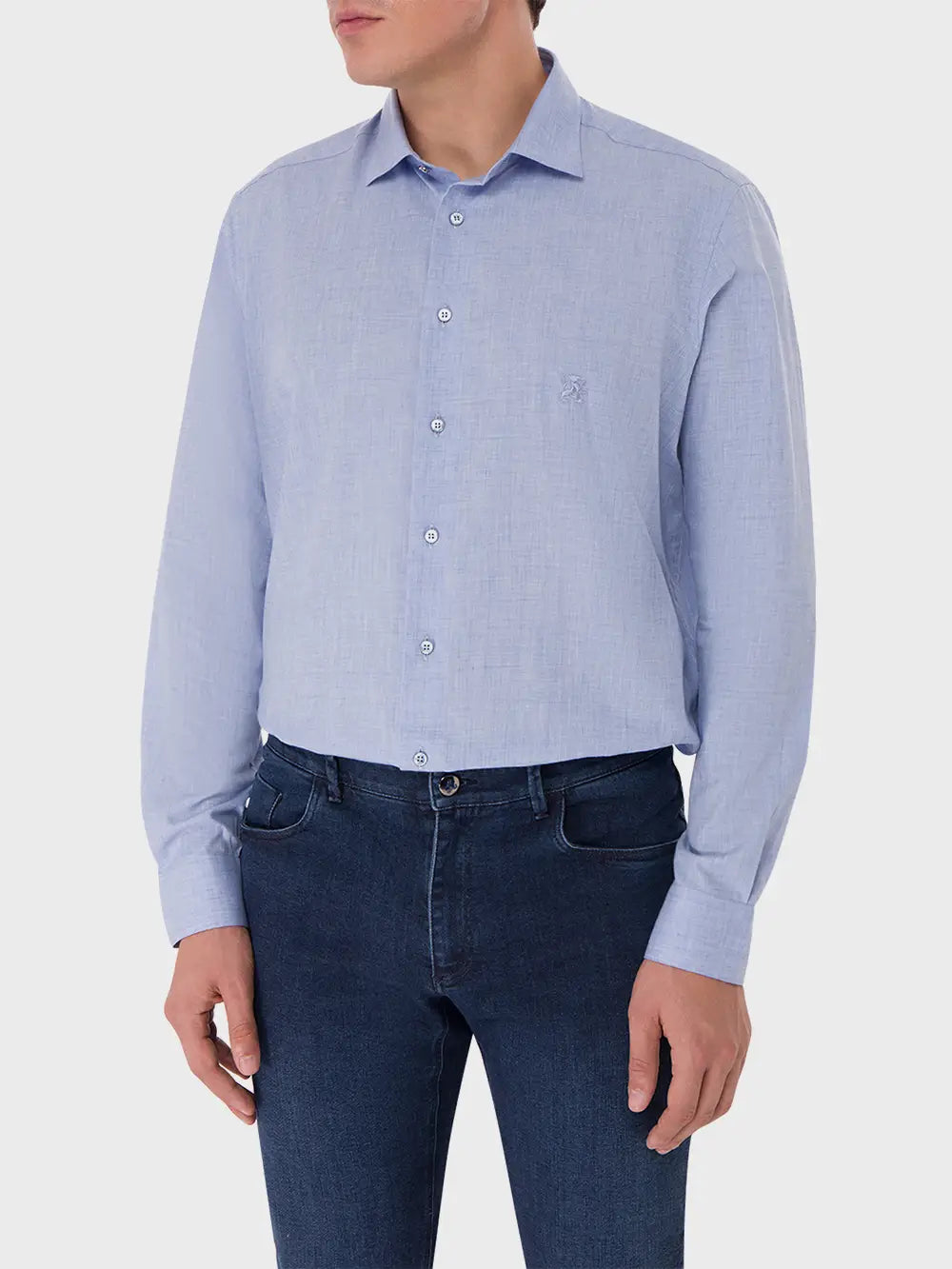 قميص كلاسيكي بأكمام طويلة من القطن والكشمير مع تطريزات من الجريفون الدقيق