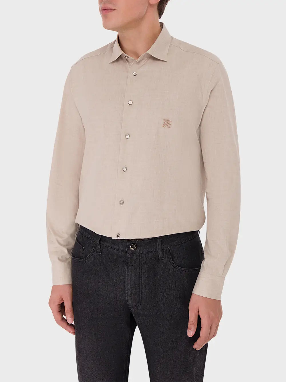 قميص كلاسيكي بأكمام طويلة من القطن والكشمير مع تطريزات من الجريفون الدقيق