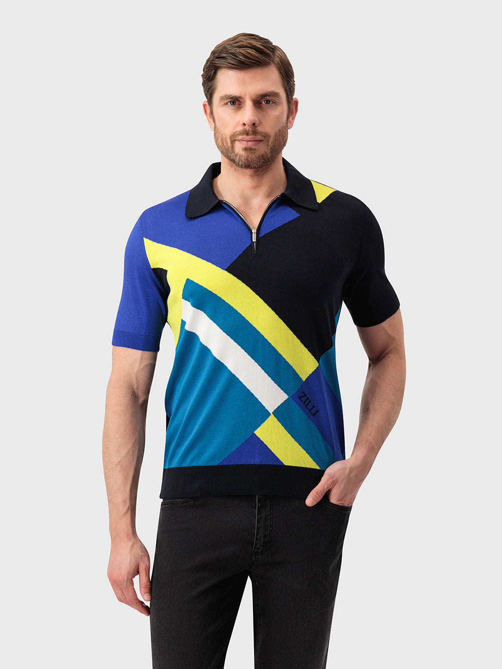 قميص بولو محبوك بنقشة هندسية - أزرق كحلي