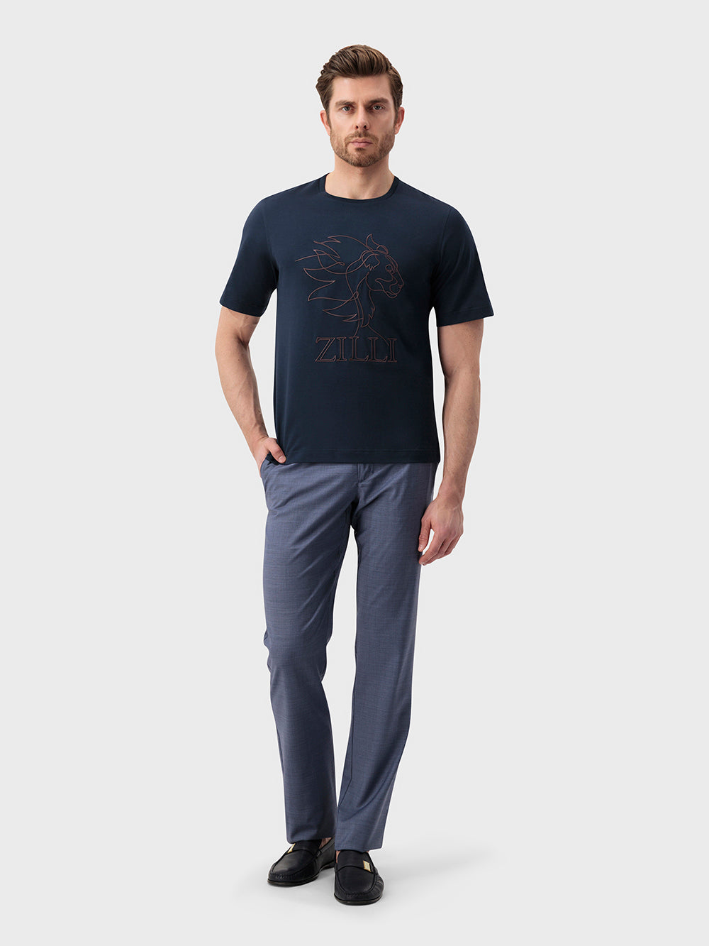 قميص قطن بتطريز "الأسد الكبير" من زيللي - أزرق كحلي