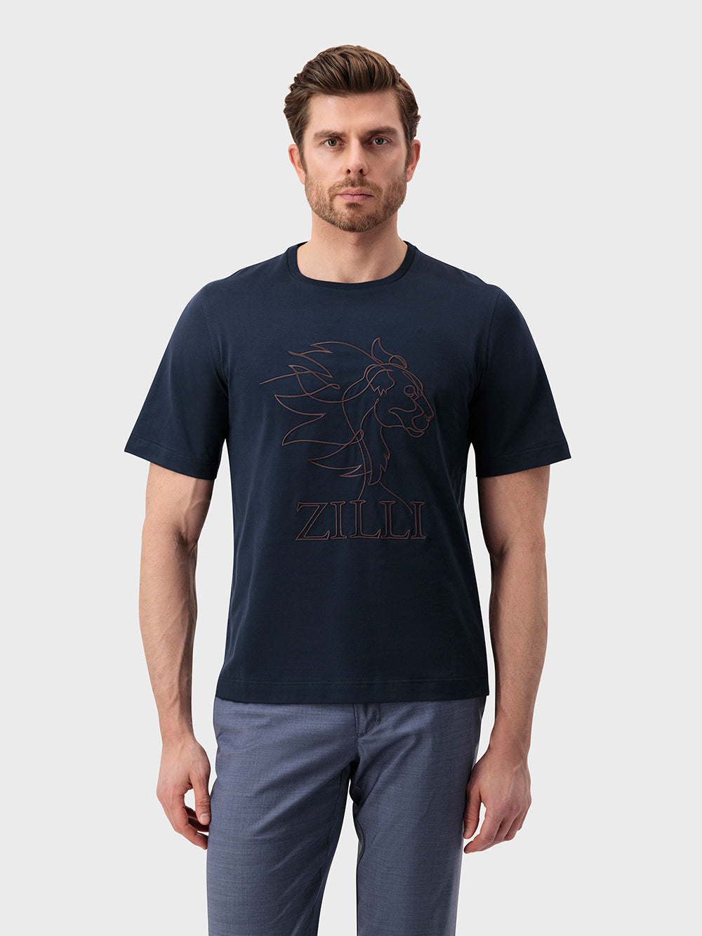 قميص قطن بتطريز "الأسد الكبير" من زيللي - أزرق كحلي