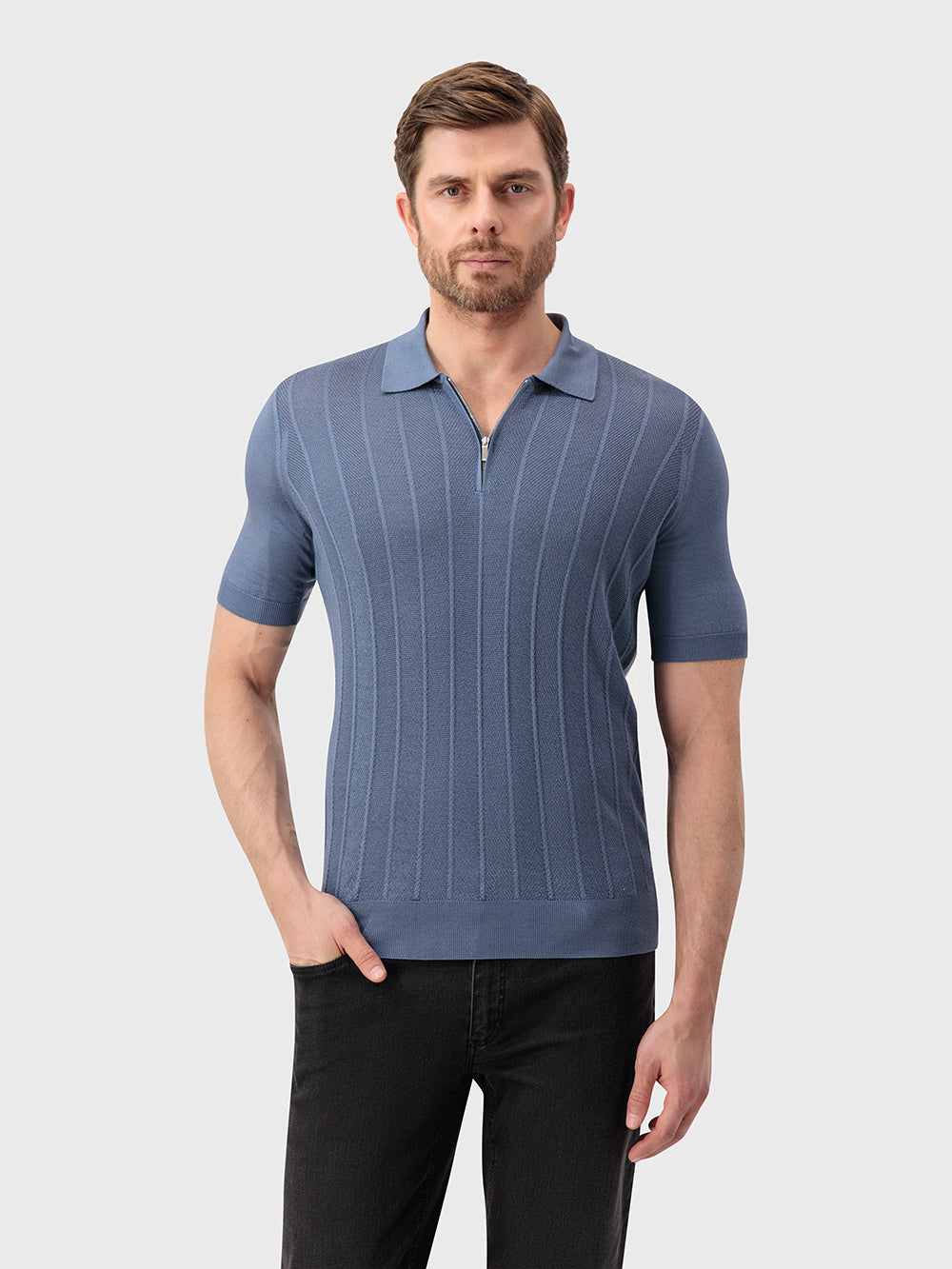 قميص بولو مخطط من الحرير المحبوك - أونيكس أزرق باهت