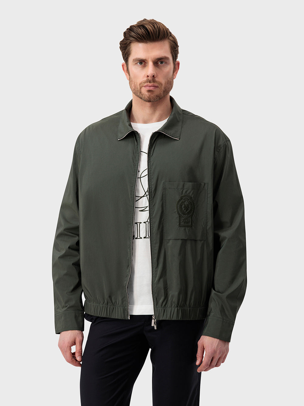 جاكيت بومبر بياقة واحدة مخيطة - عسكري غامق