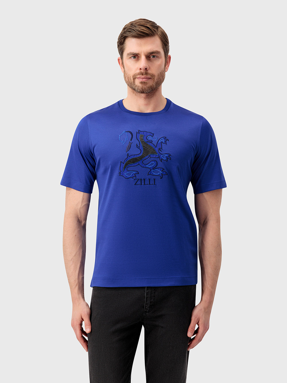 تي شيرت بشعار مطرز بالشعار - أزرق كهربائي