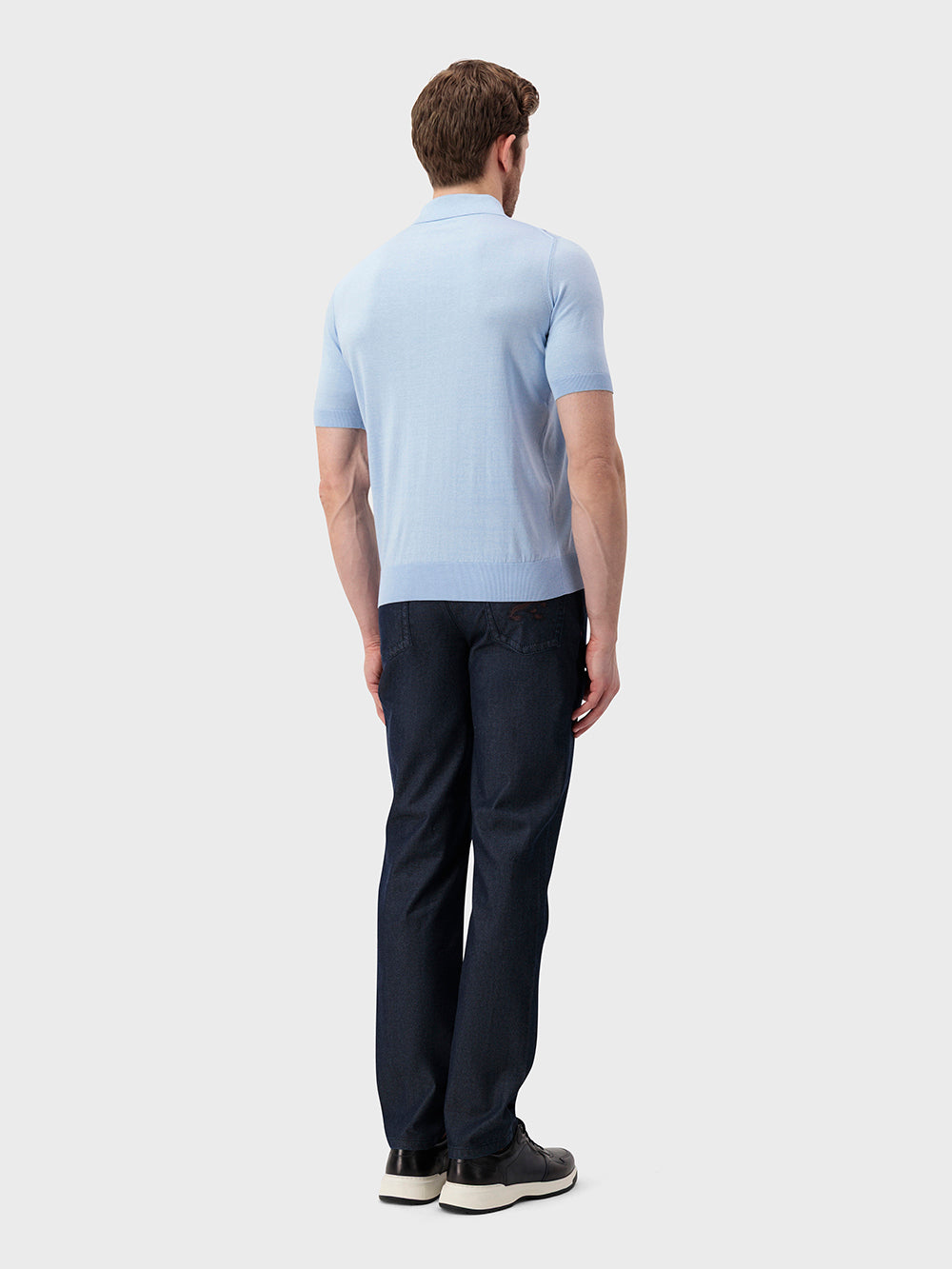 بولو محبوك بنقوش هندسية من الحرير والقطن - أزرق أكسفورد