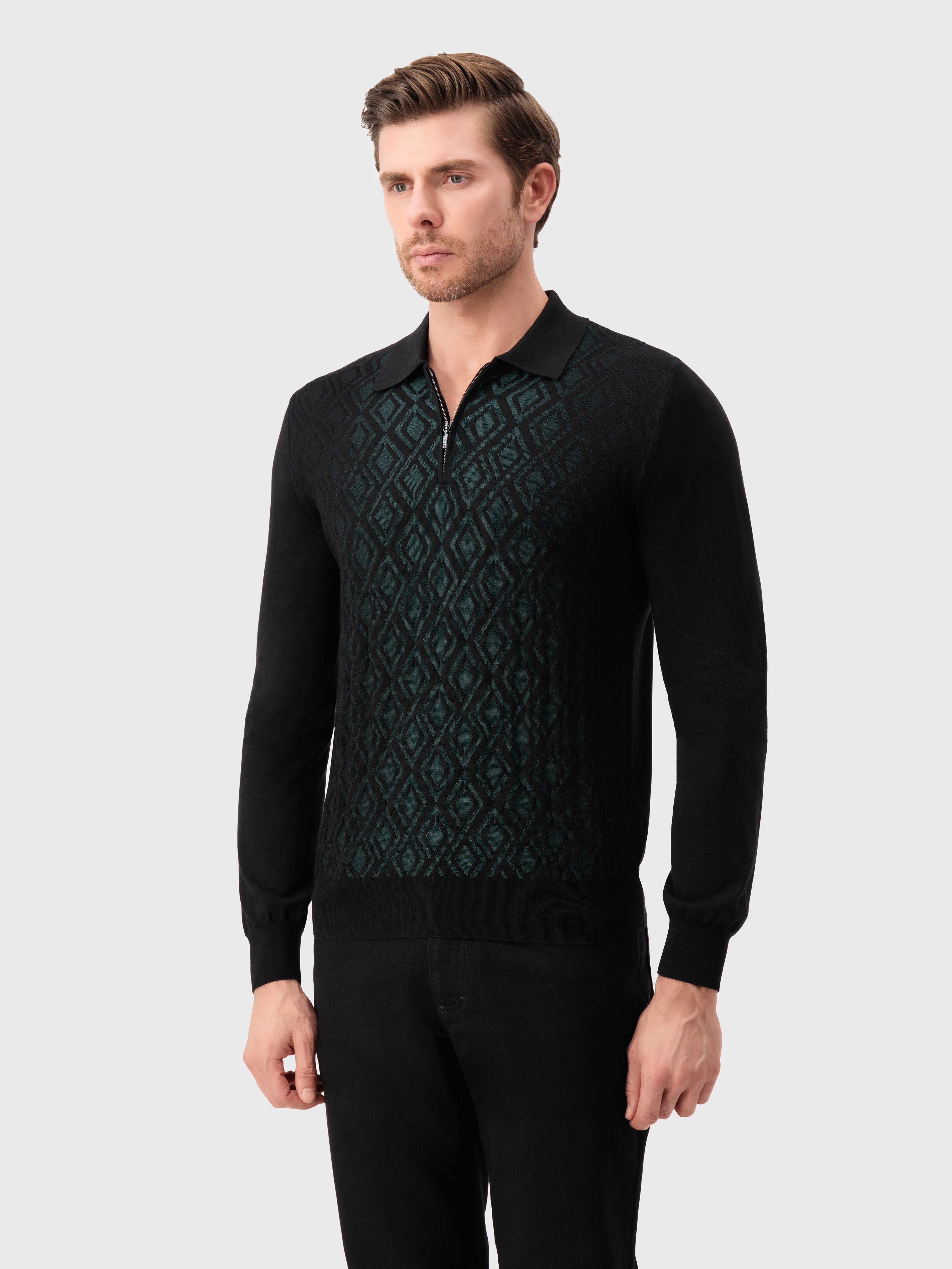 بولو تريكو بسحاب من الصوف والحرير والكشمير أسود