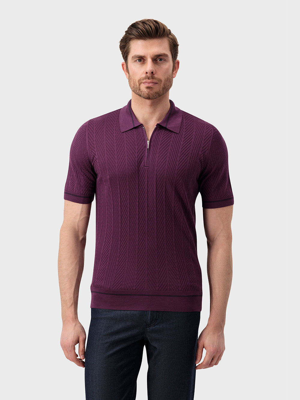 قميص حريري محبوك بنقوش هندسية - أرجواني غامق