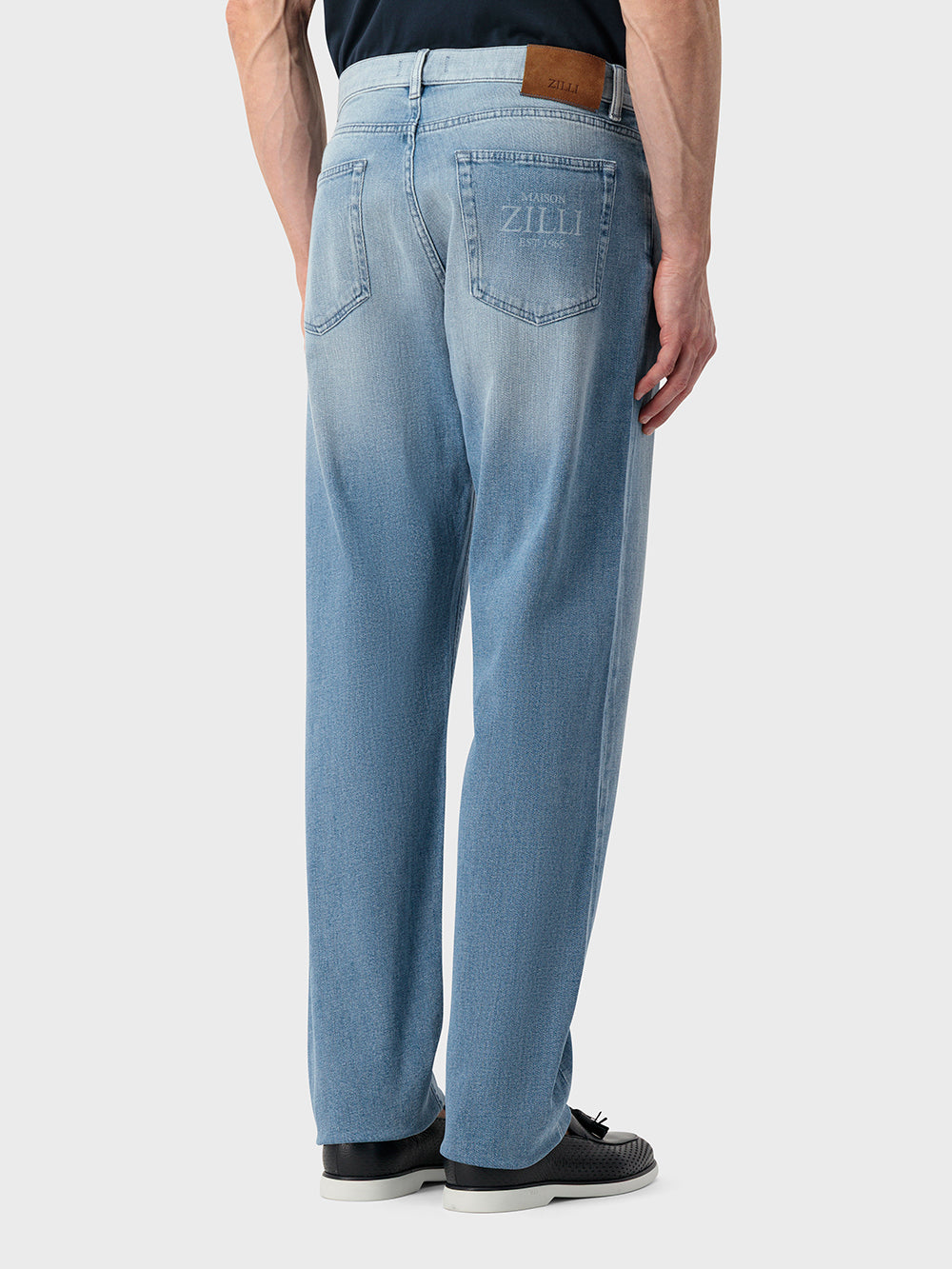 بنطال قطن دنيم مطرز بتطريزات عادية "Maison ZILLI EST 1965" - أزرق أكسفورد