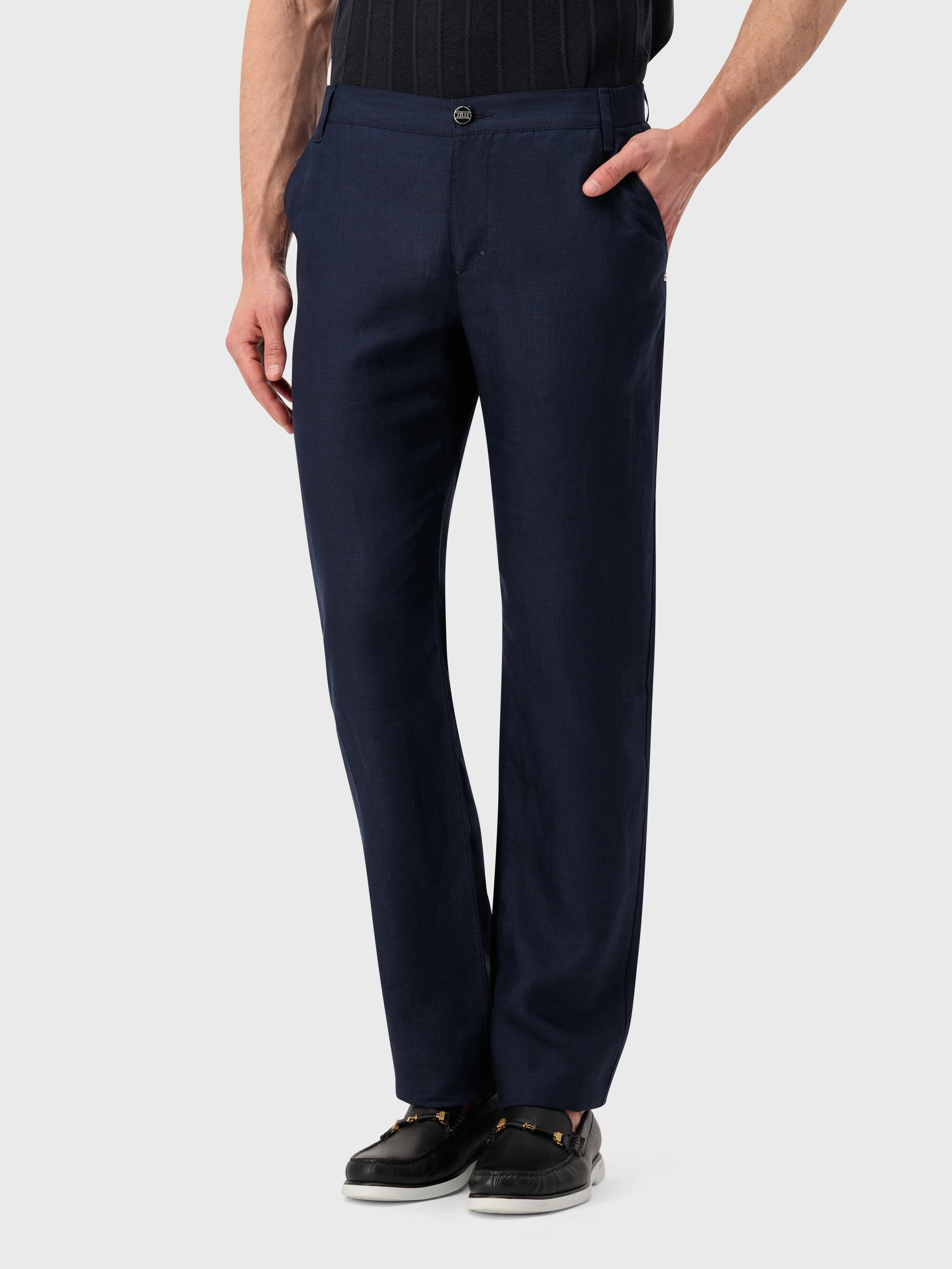 بنطلون من الكتان الضيق بقصة ضيقة - أزرق كحلي