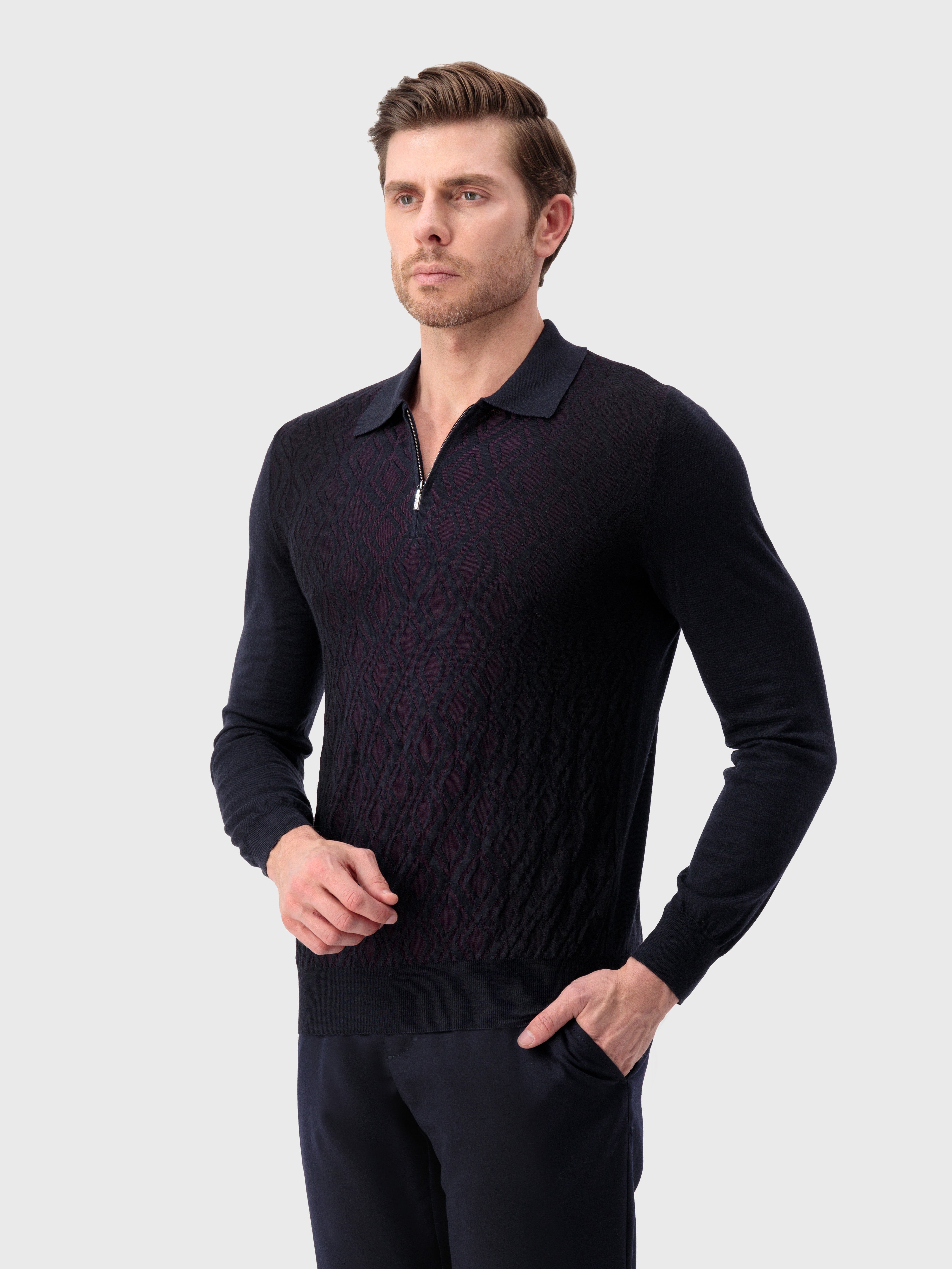 بولو تريكو بسحاب من الصوف والحرير والكشمير الكحلي الداكن