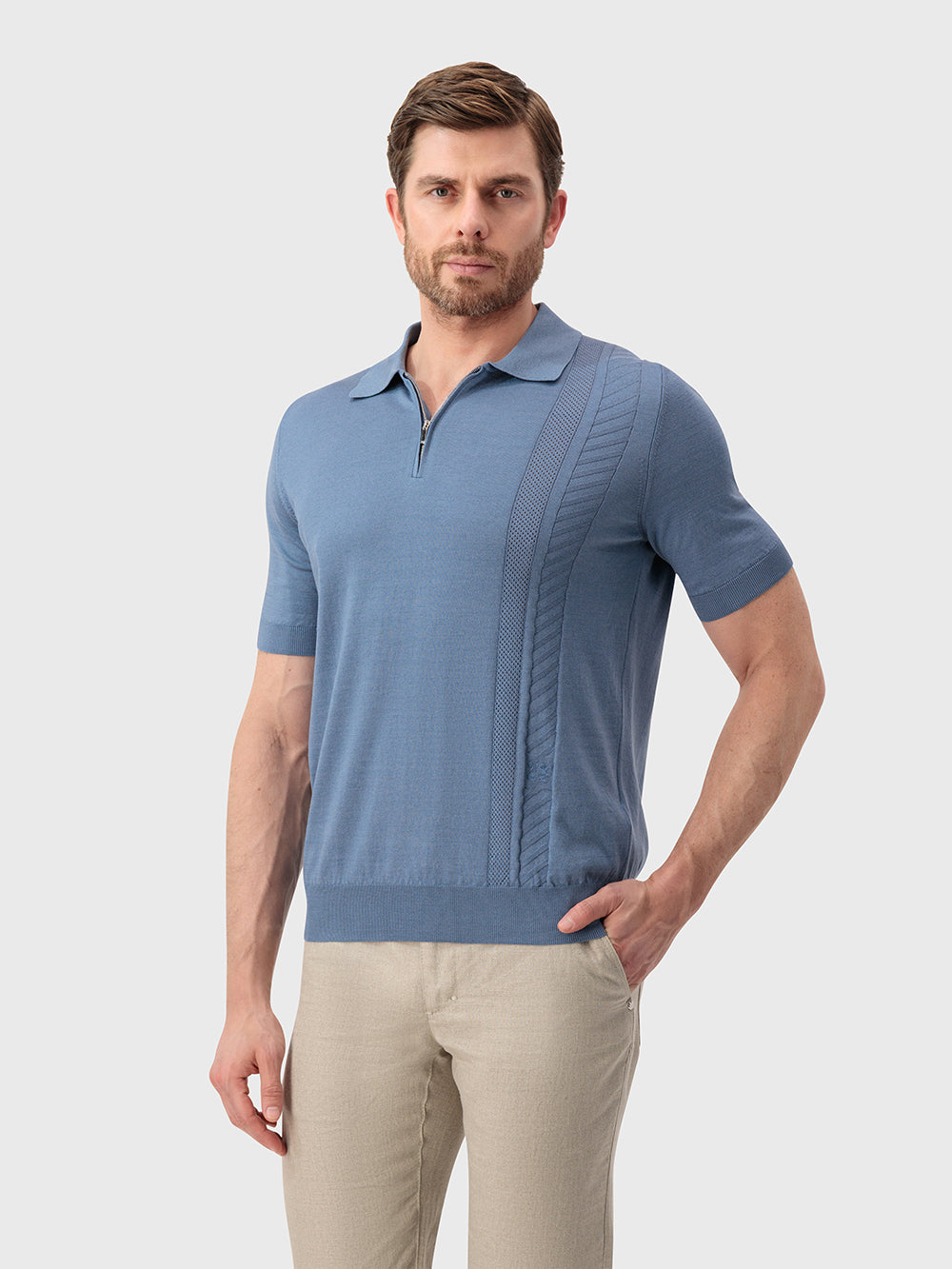 قميص بولو محبوك من الحرير - أونيكس أزرق باهت