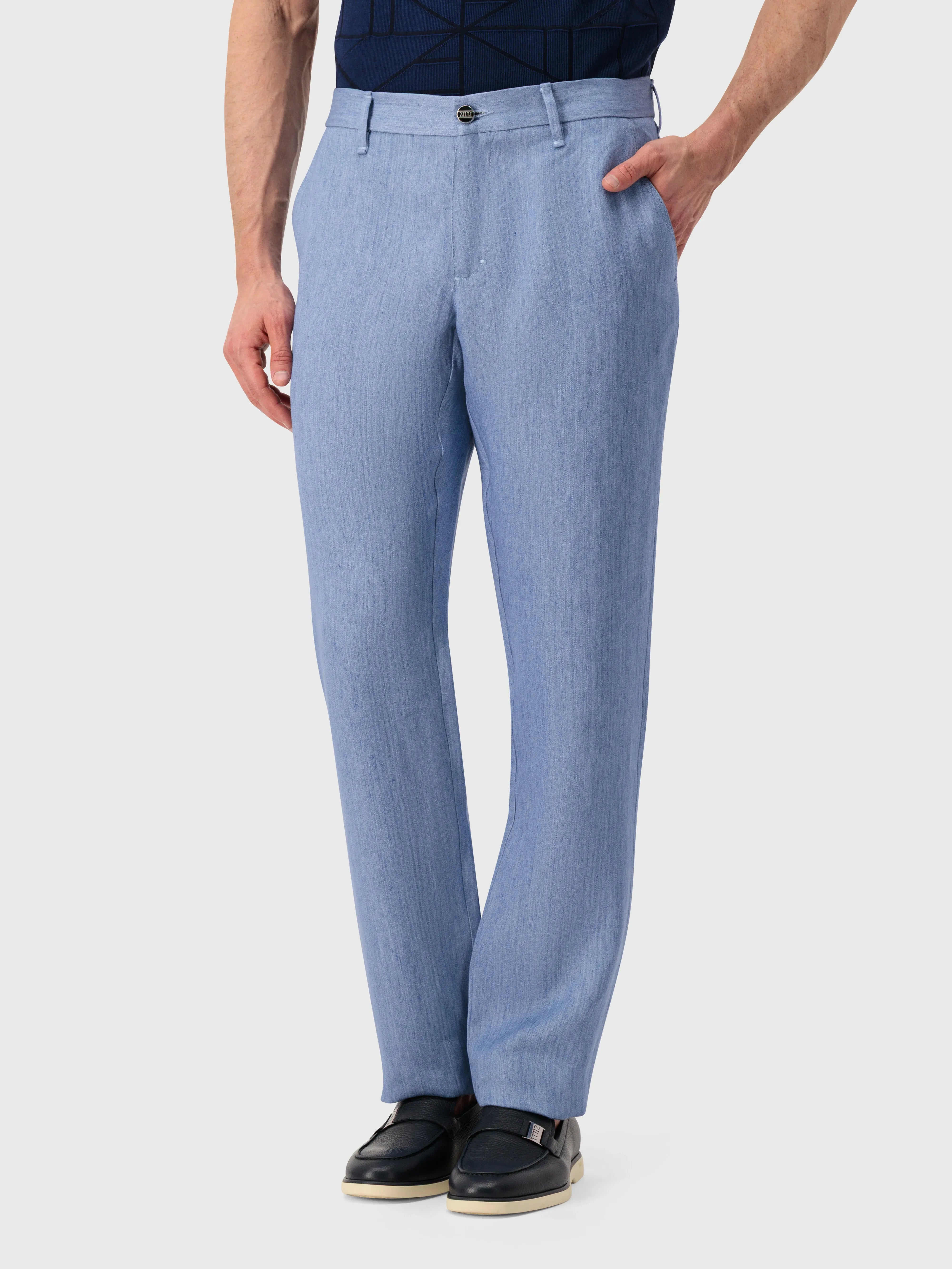 بنطلون كتان بقصة ضيقة من الكتان - أزرق سماوي