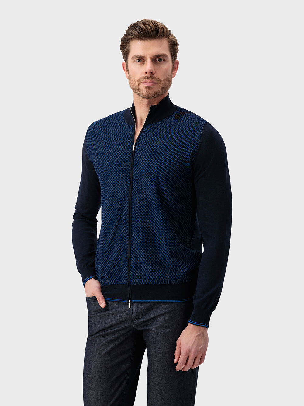 بولو "باسكت" حريري وقطني محبوك بسحاب برقبة قطنية - أزرق كحلي