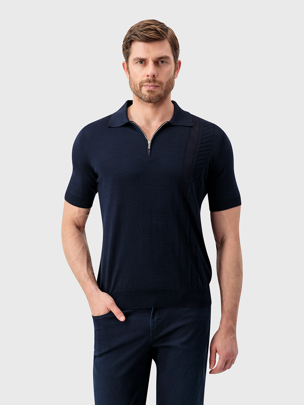 قميص بولو حريري محبوك من الحرير - أزرق كحلي