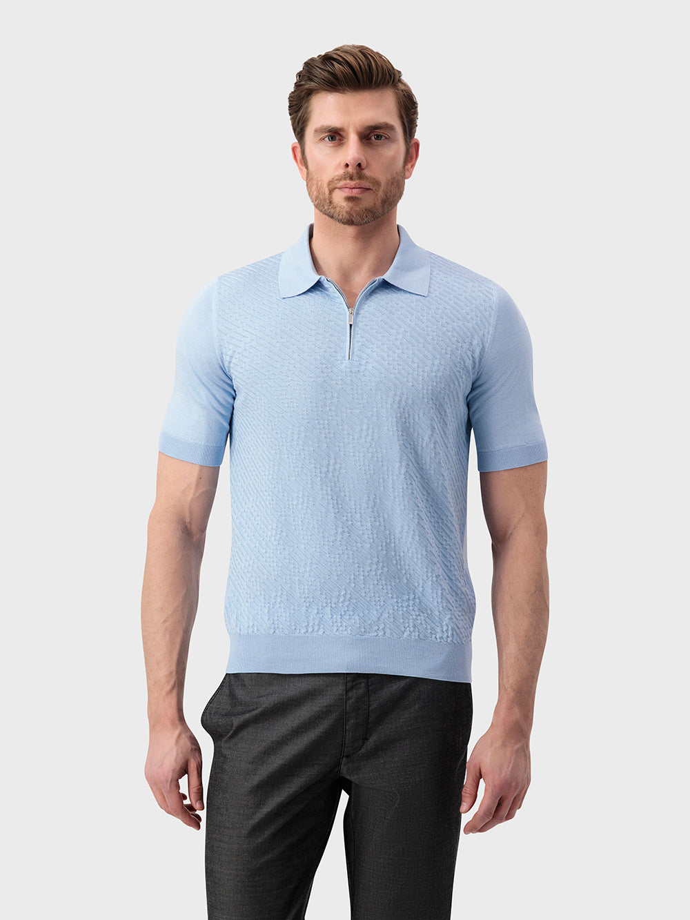 بولو بولو محبوك من الحرير والقطن منسوج من الجاكار - أزرق أكسفورد