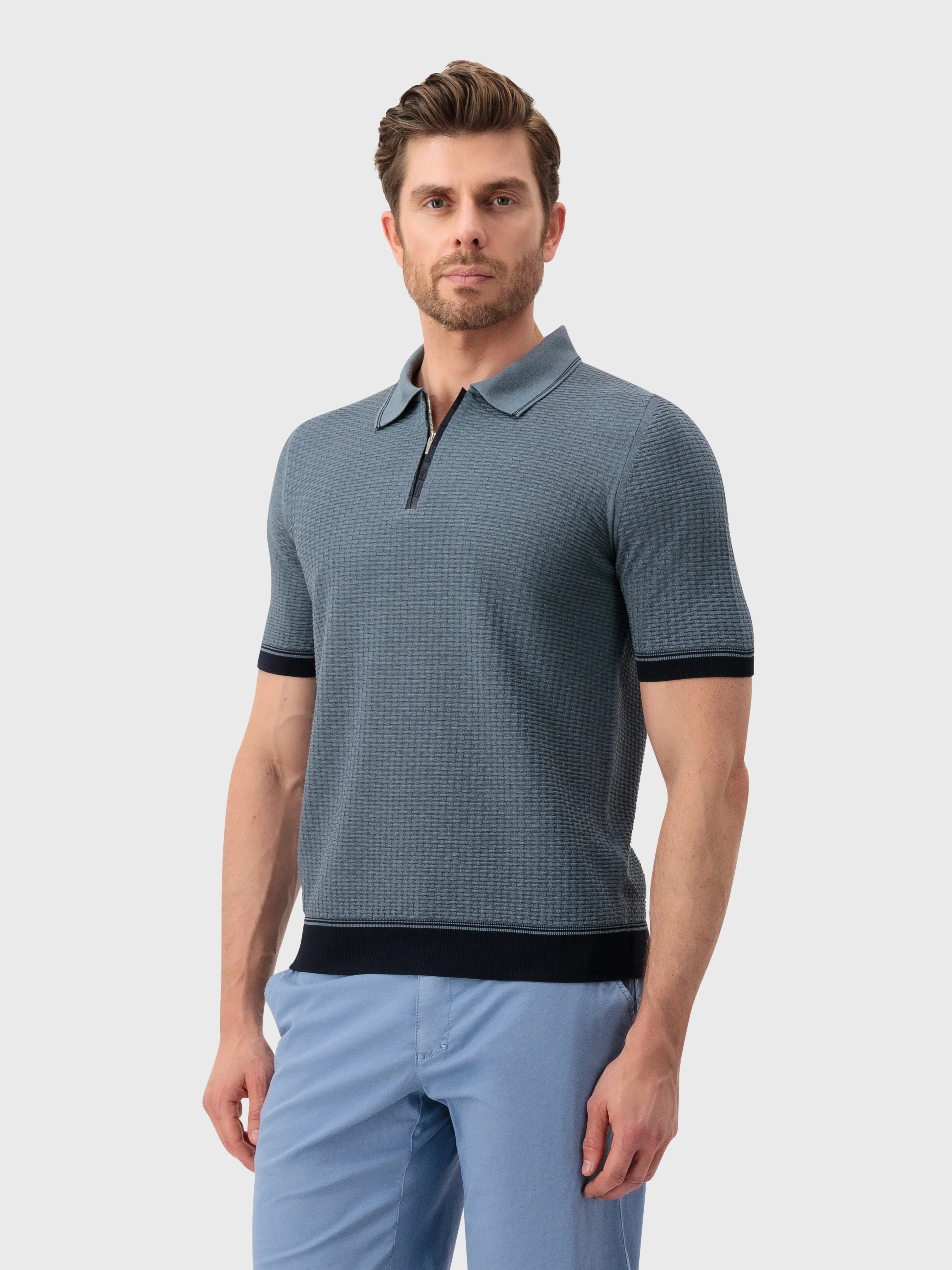 قميص بولو محبوك من الحرير بنقوش هندسية - مالاكيت عميق