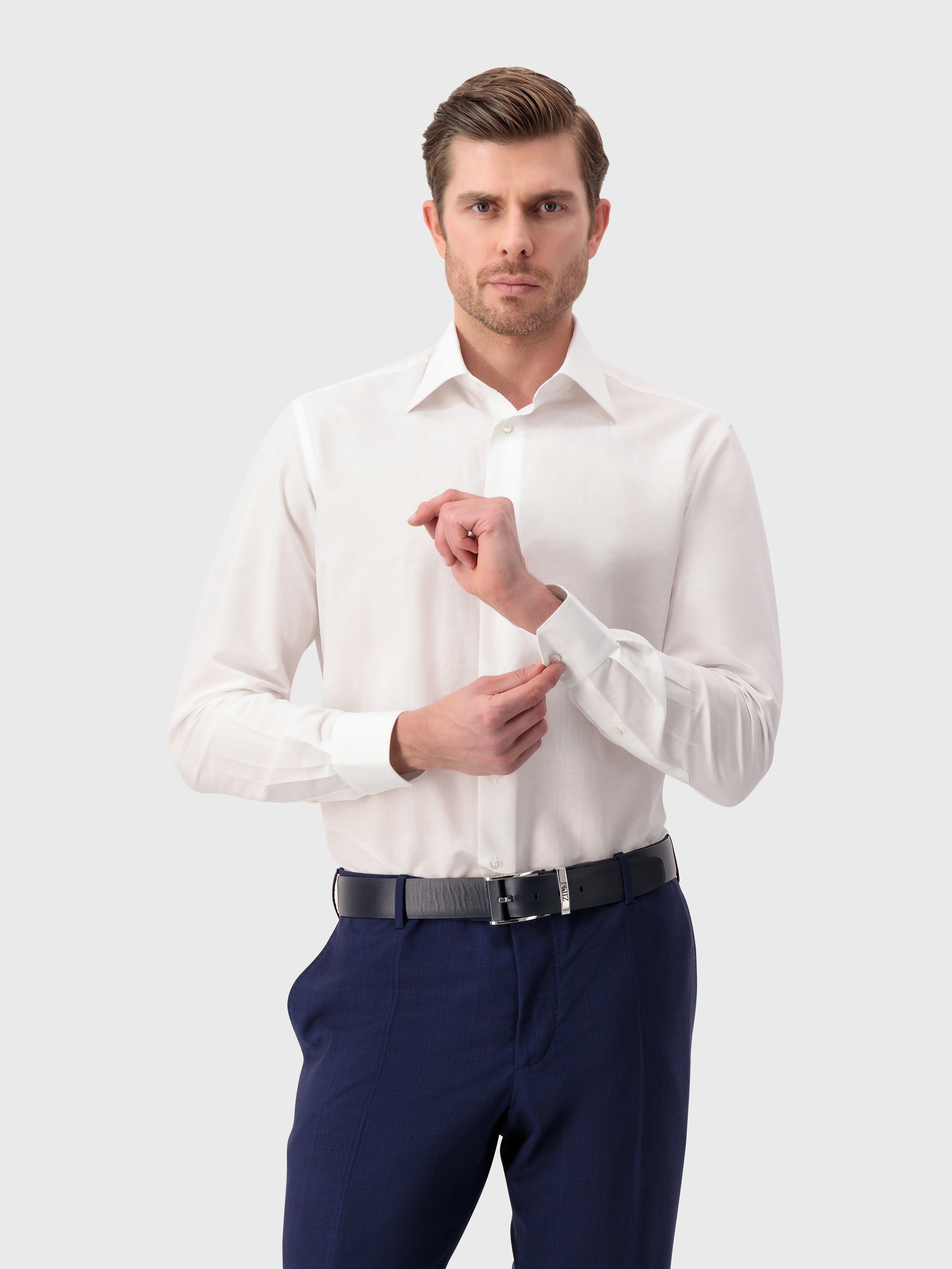 قميص من القطن والكتان بخياطة واحدة - أبيض