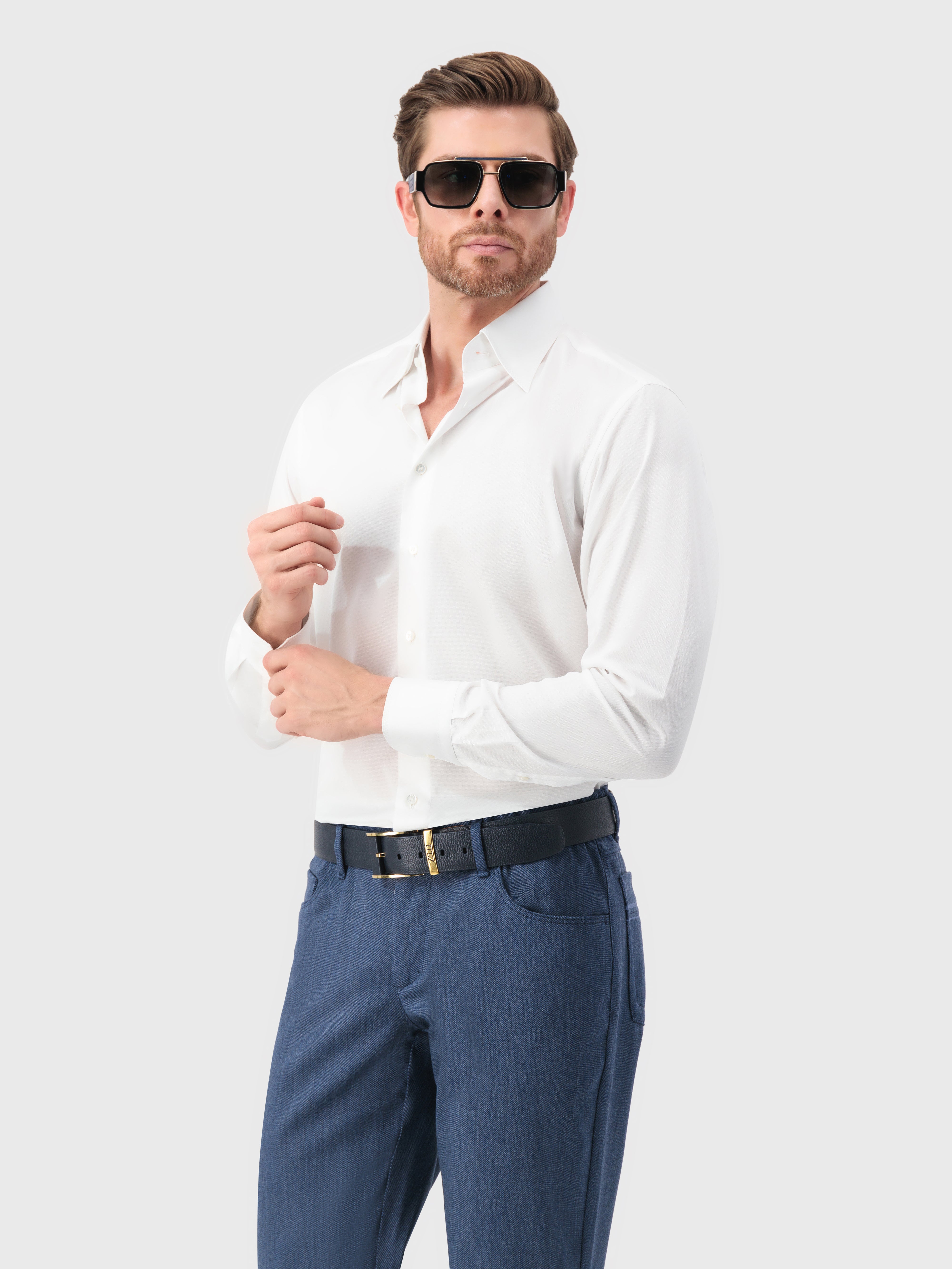 قميص قطن بخياطة ثلاثية أبيض