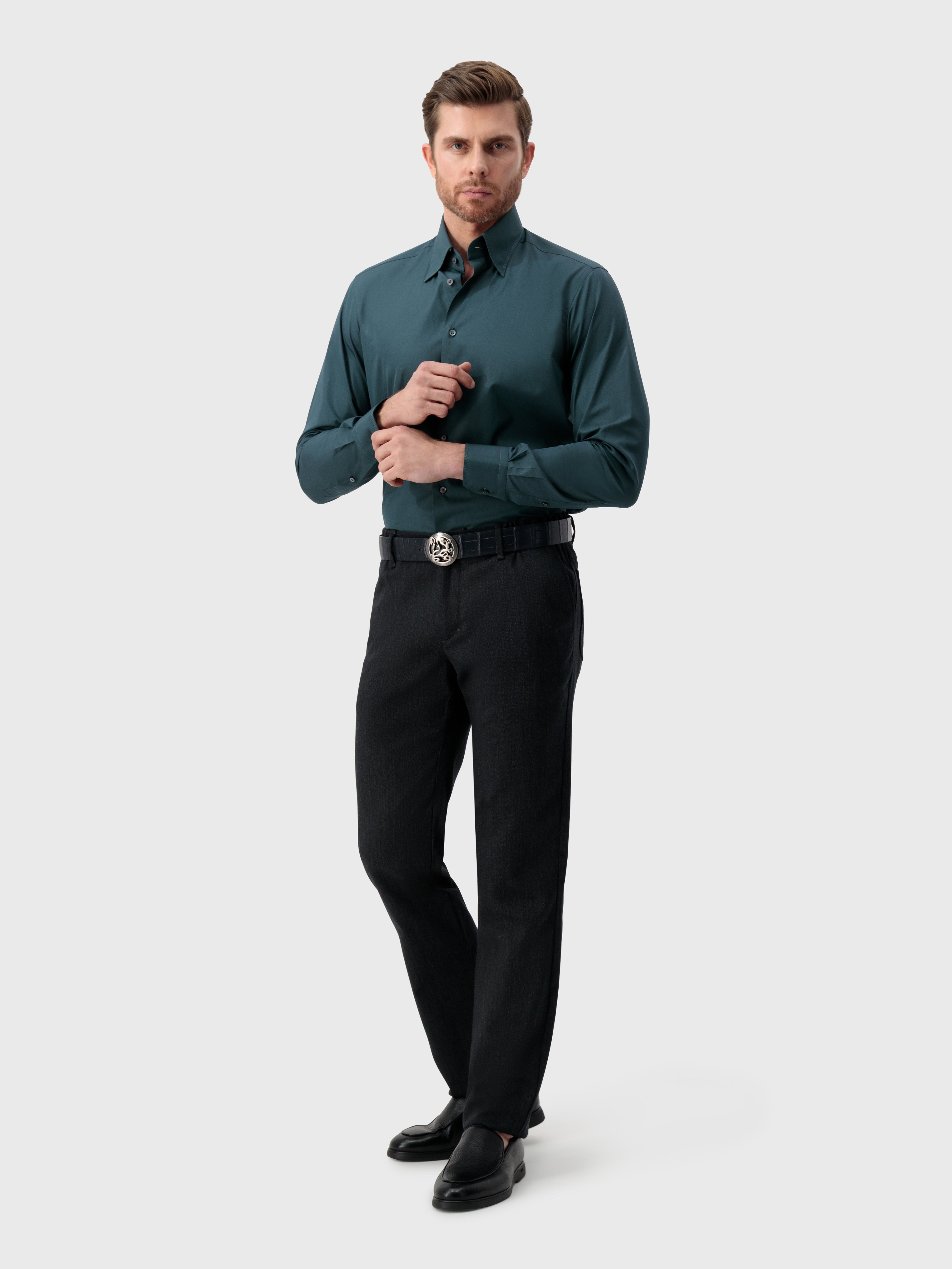 قميص قطن بخياطة ثلاثية بلون مريمية داكنة