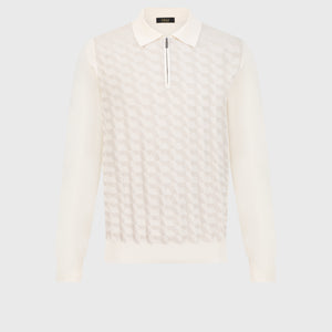 قميص بولو بسحاب من الكشمير والحرير الأبيض