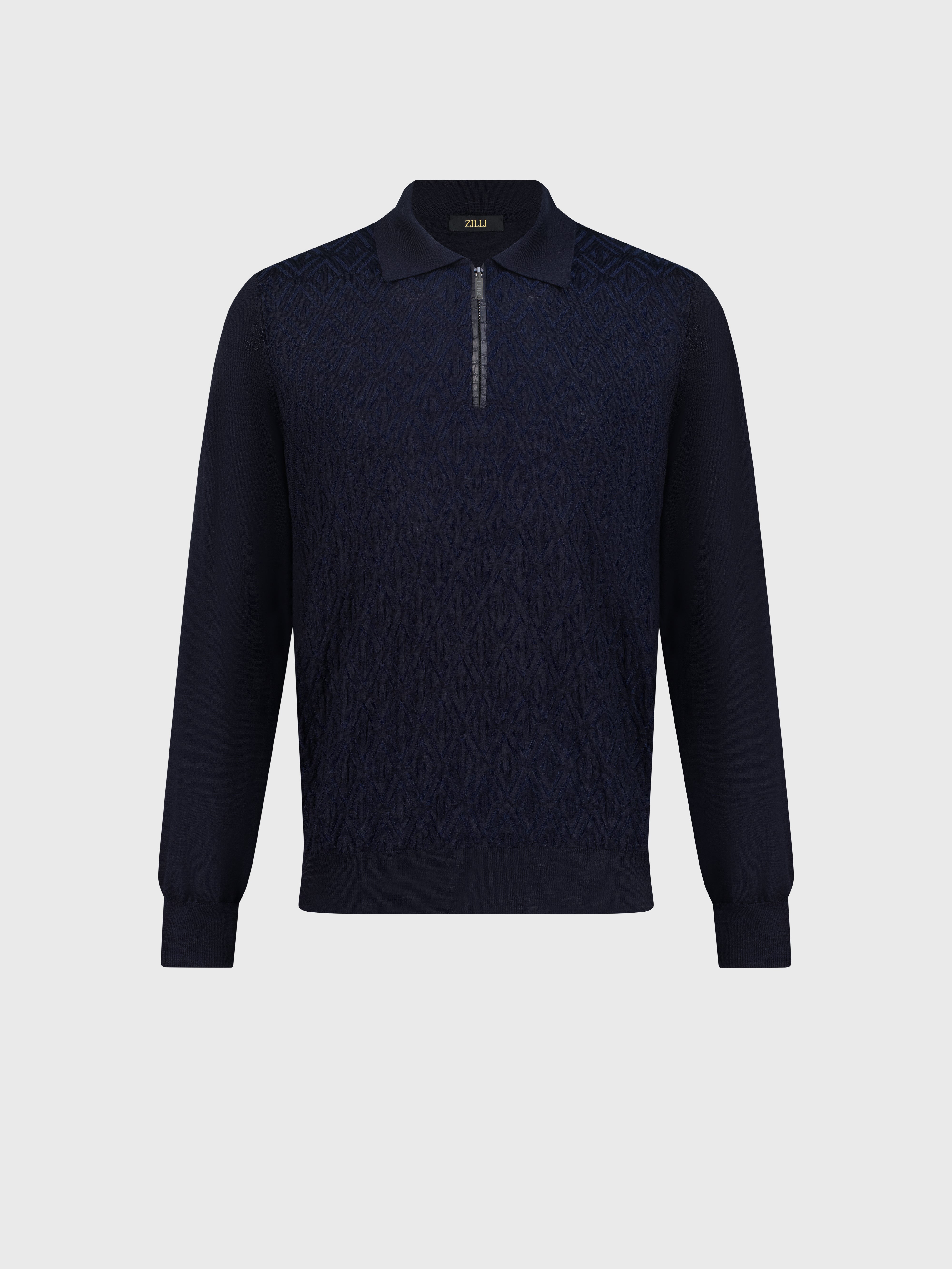 قميص بولو بنقشة هندسية من الصوف والحرير والكشمير باللون الكحلي الداكن