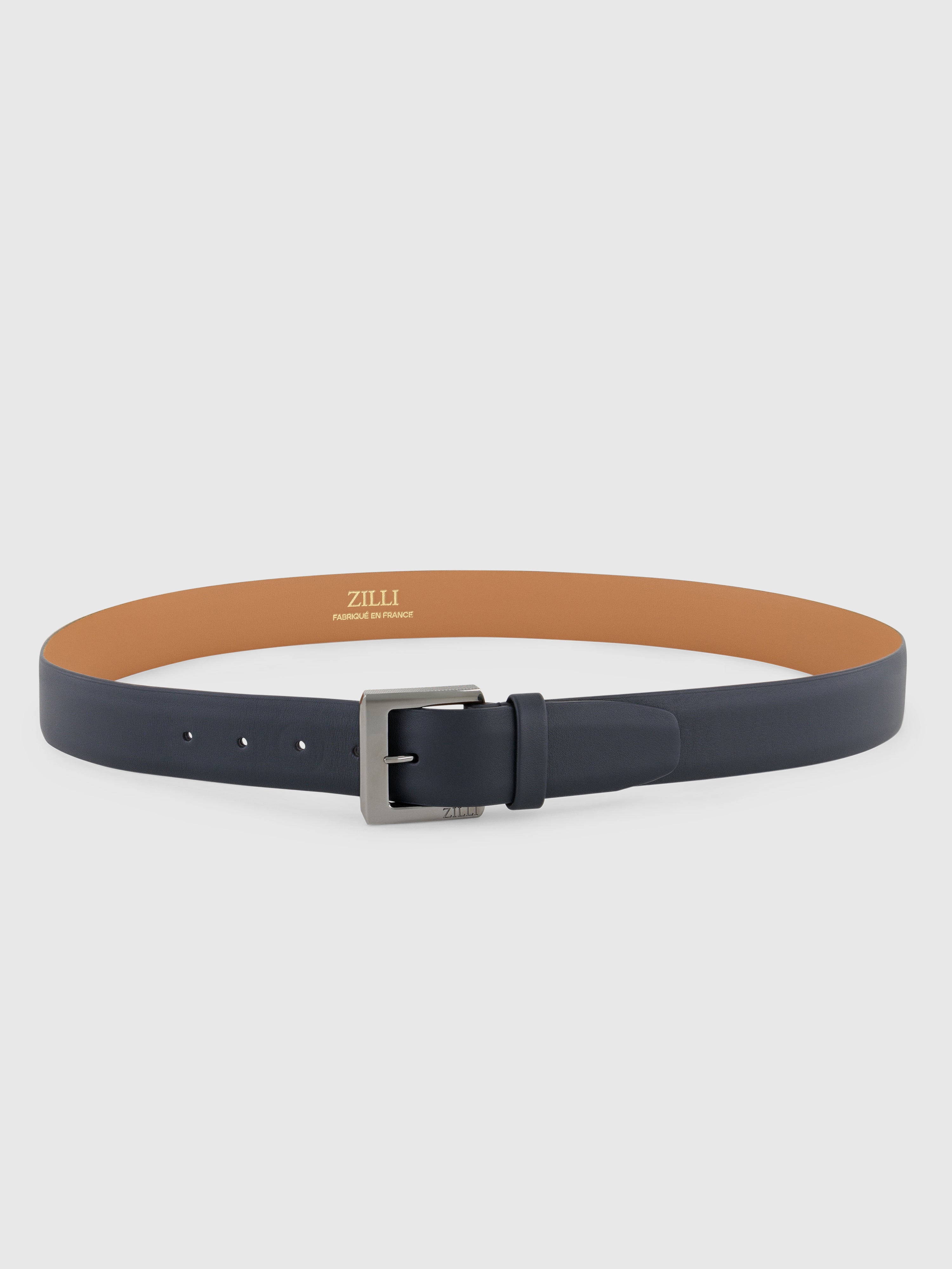 حزام من جلد العجل بإبزيم مربع منقوش أزرق كحلي